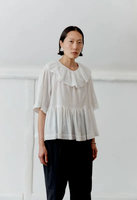 JAPANESE WASHED DOBBY CHAMBRAY FRILL DELILAH TOP sold by Cawley