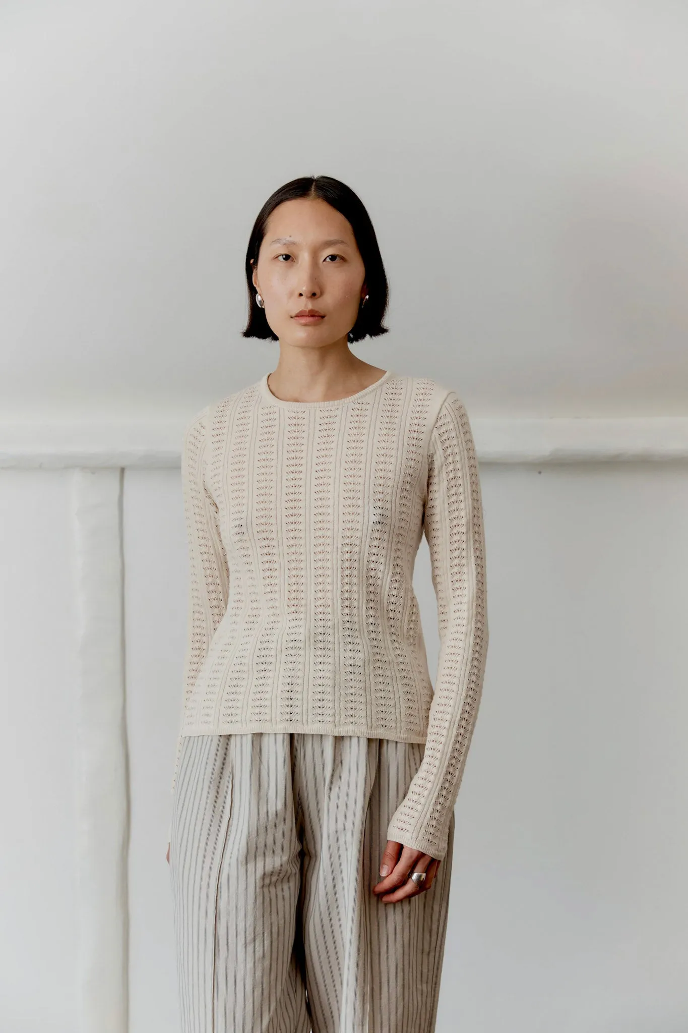 ORGANIC COMBED COTTON/CASHMERE POINTELLE LONG SLEEVE T-SHIRT sold by Cawley