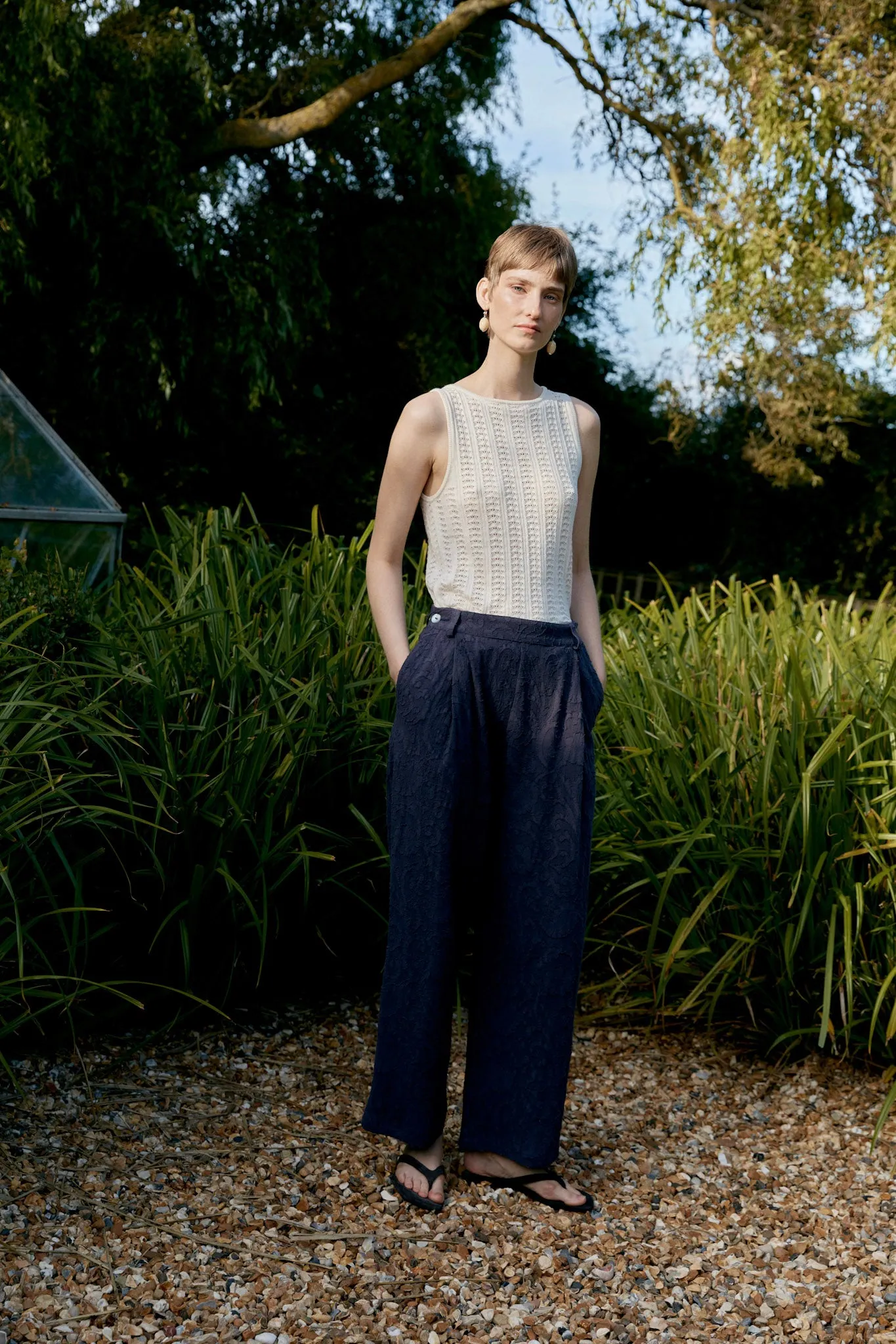 JAPANESE COTTON/LINEN DYED JACQUARD GEORGIA TROUSER sold by Cawley