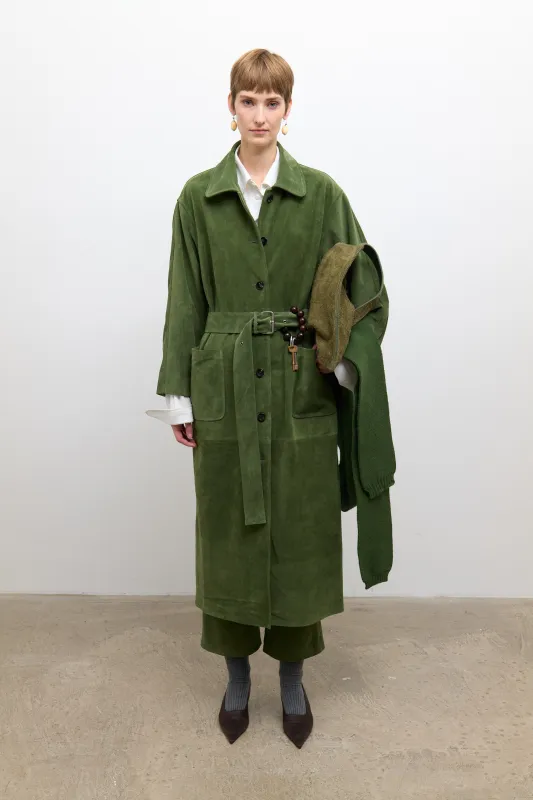 Long Quinn Coat - Olive Suede made by Cawley