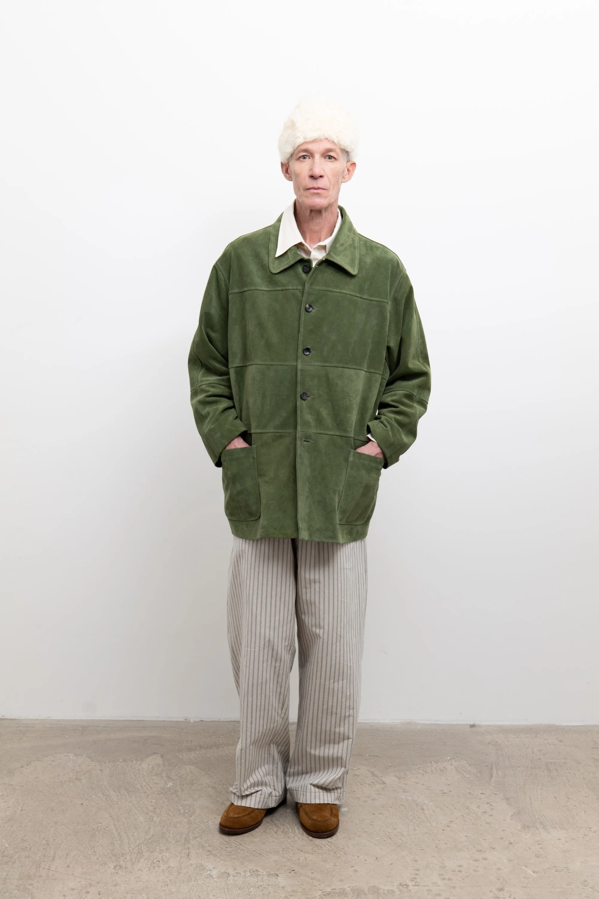 Panelled Quinn Jacket - Olive Suede sold by Cawley