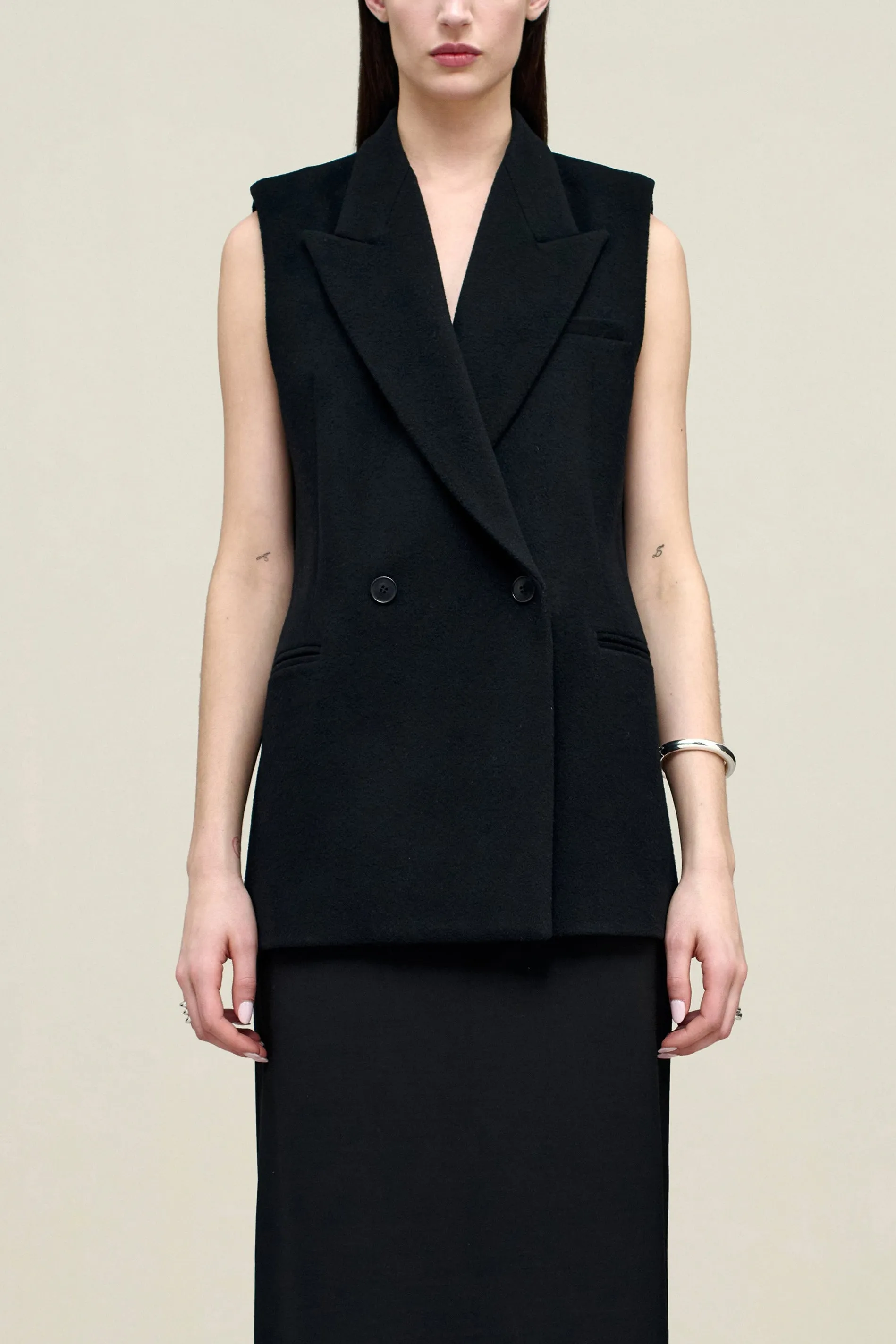 Deon Sleeveless Blazer in Wool Coating sold by Kall Meyer