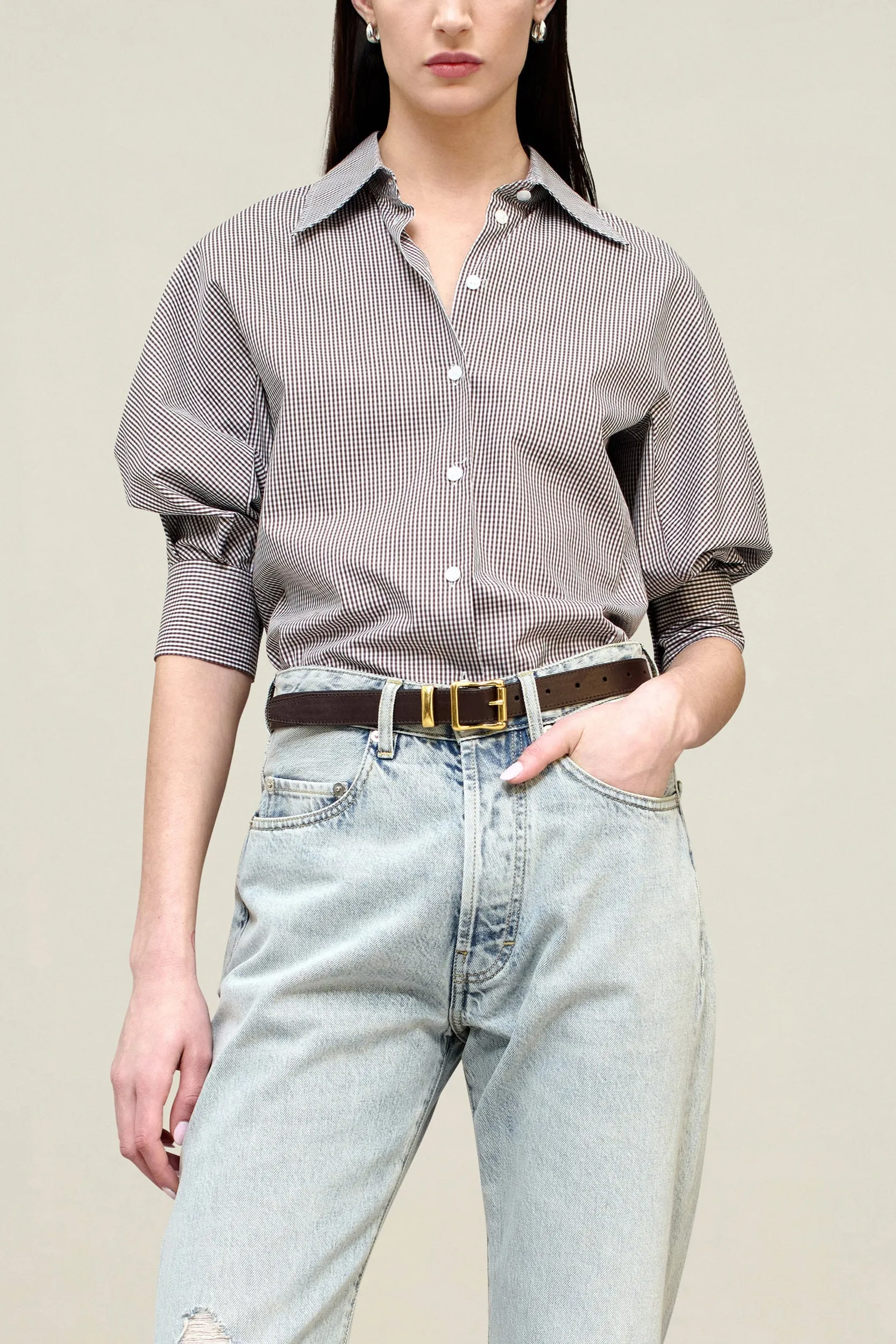 Colette 3/4 Sleeve Button Down in Poplin Gingham sold by Kall Meyer