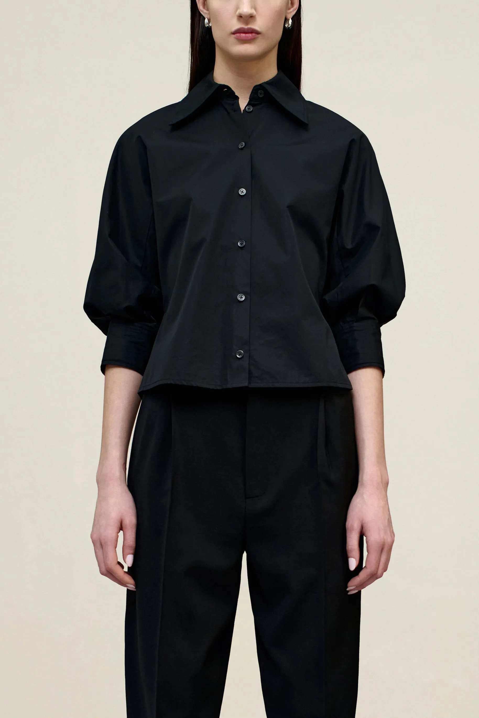 Colette 3/4 Sleeve Button Down in Techy Cotton Nylon sold by Kall Meyer