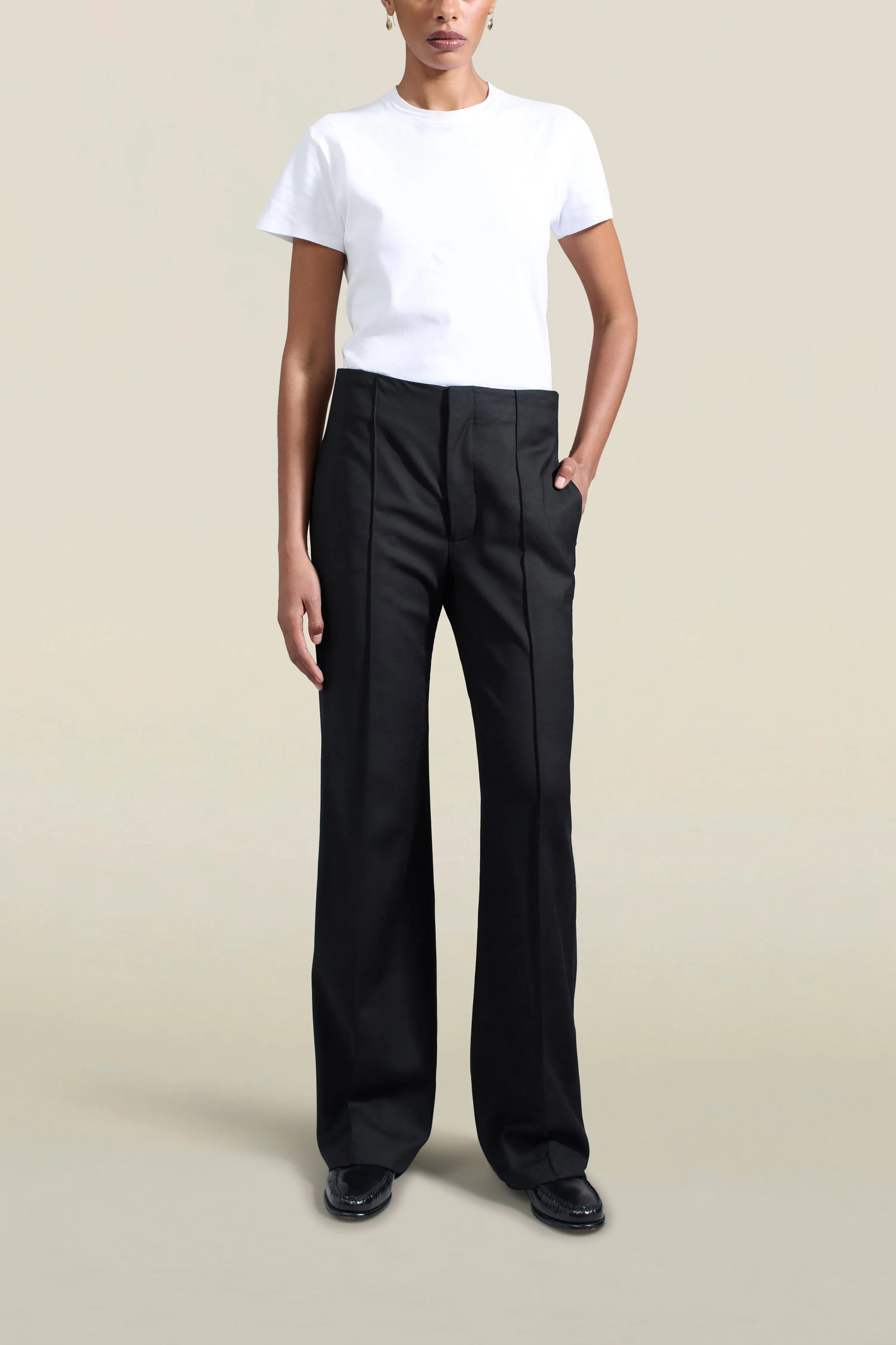 Genevieve Tuxedo Trouser in Black Wool Satin Combo sold by Kall Meyer