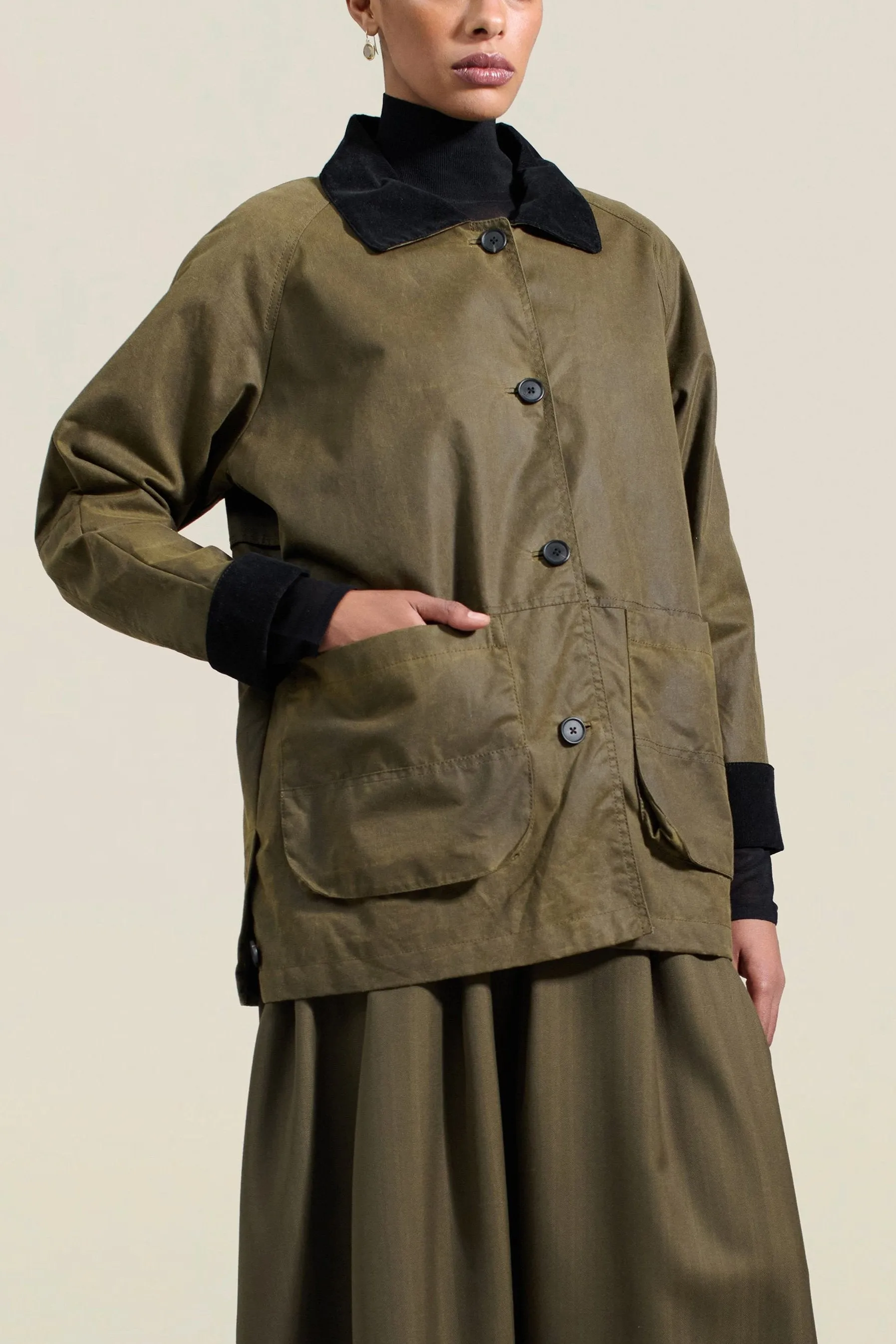Lottie Field Jacket in Olive Waxed Cotton sold by Kall Meyer