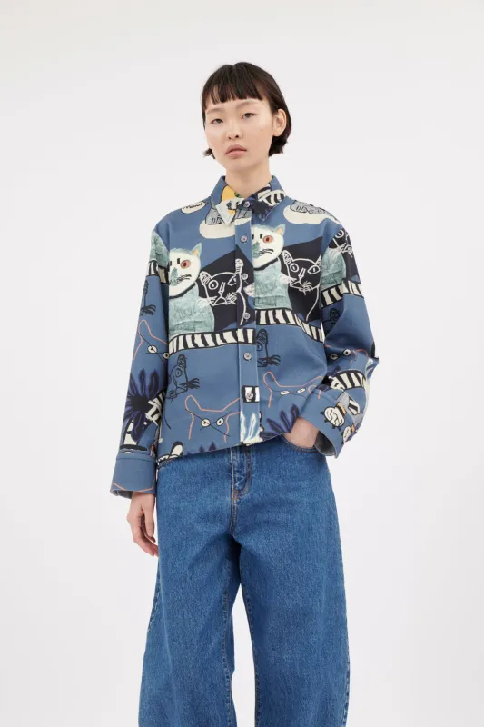 Cats & Tigers Gabardine Bluse, Steel Blue made by ODEEH