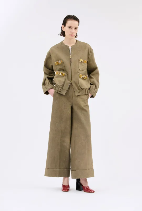 Cotton Damask Jacke, Dark Khaki made by ODEEH