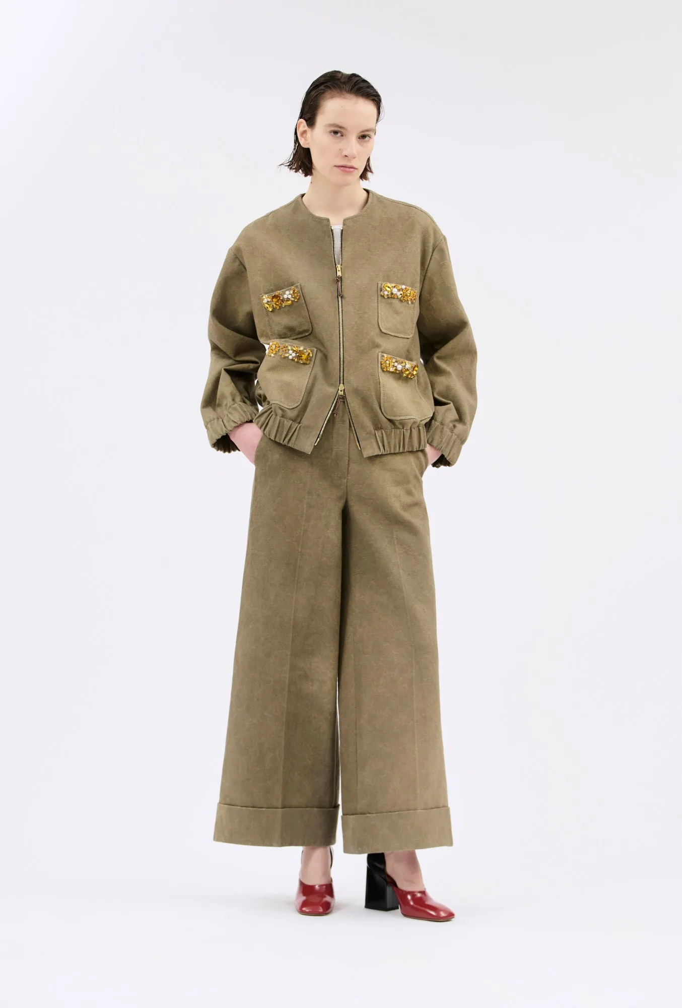Cotton Damask Jacke, Dark Khaki sold by ODEEH