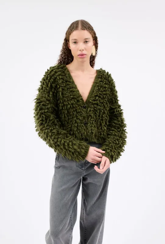 HEAVILY BRUSHED MOHAIR Cardigan, Olive made by ODEEH