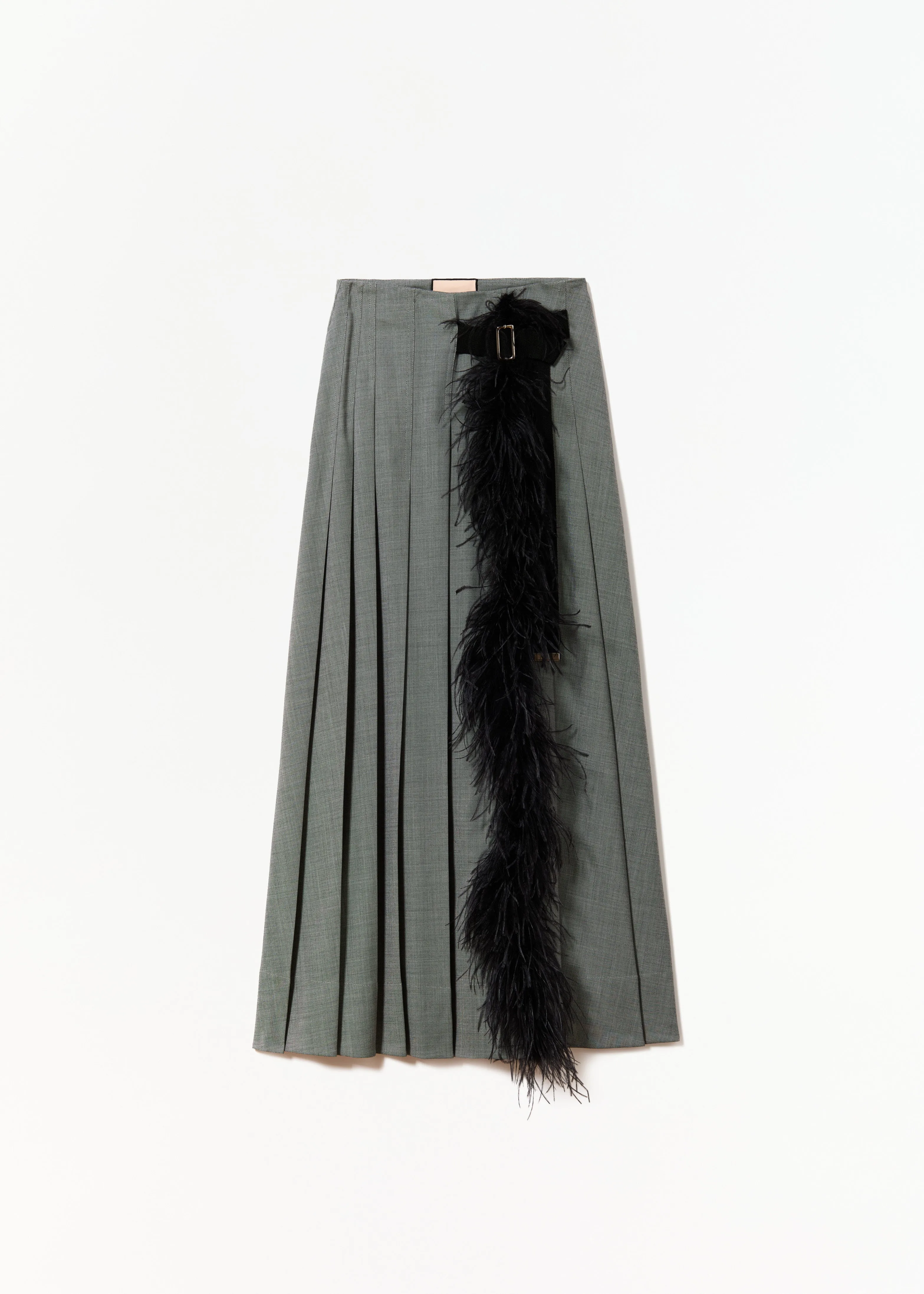 BLACK MELANGE PLEATED SKIRT WITH FEATHER INSERT sold by Plan C