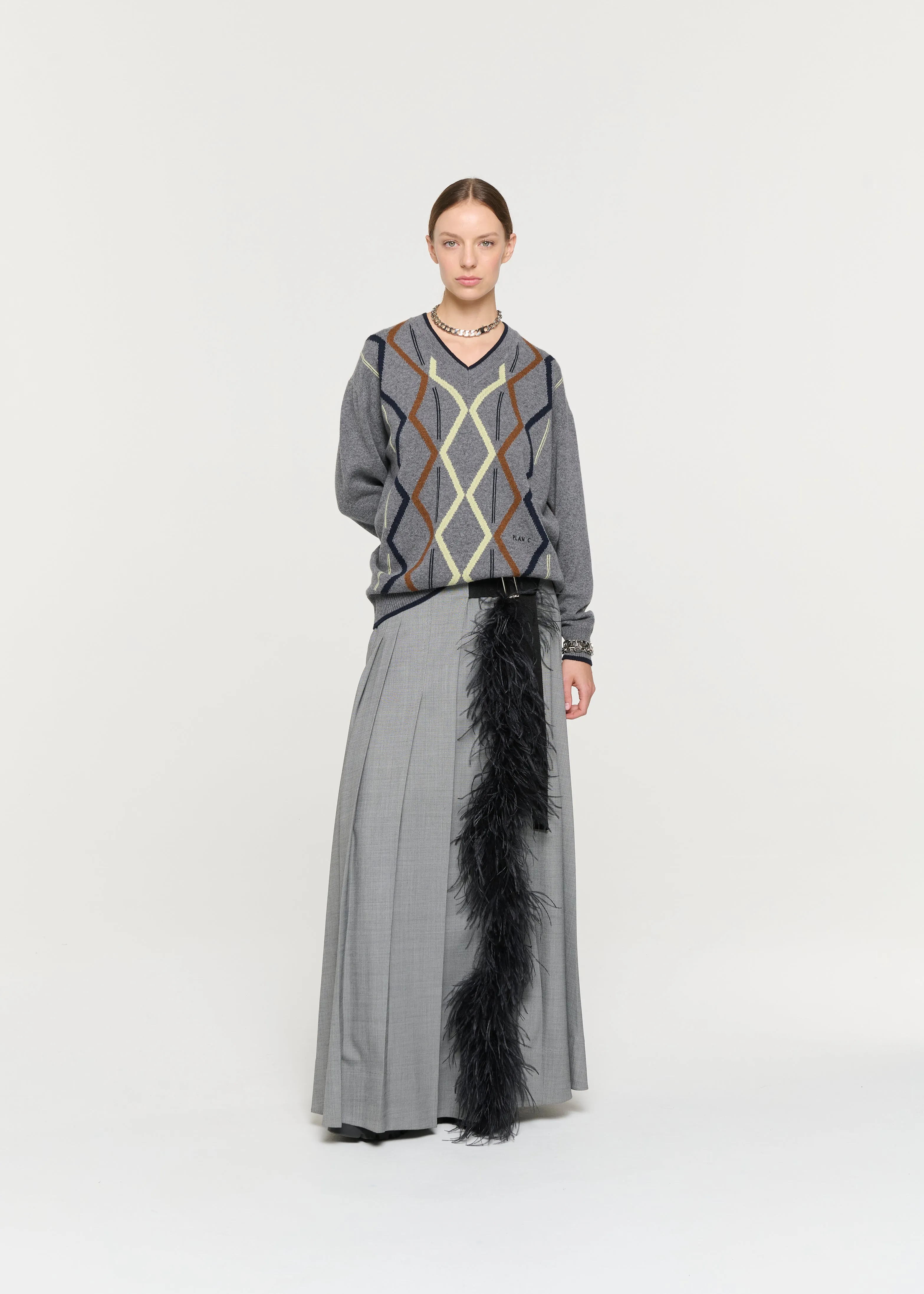 BLACK MELANGE PLEATED SKIRT WITH FEATHER INSERT sold by Plan C product image thumbnail 3