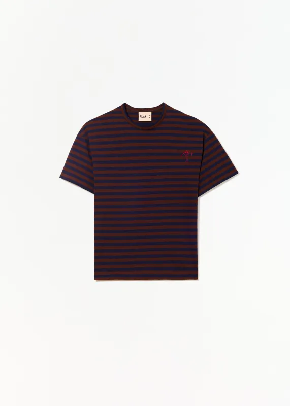 BROWN-BLUE SHORT SLEEVES STRIPED T-SHIRT sold by Plan C