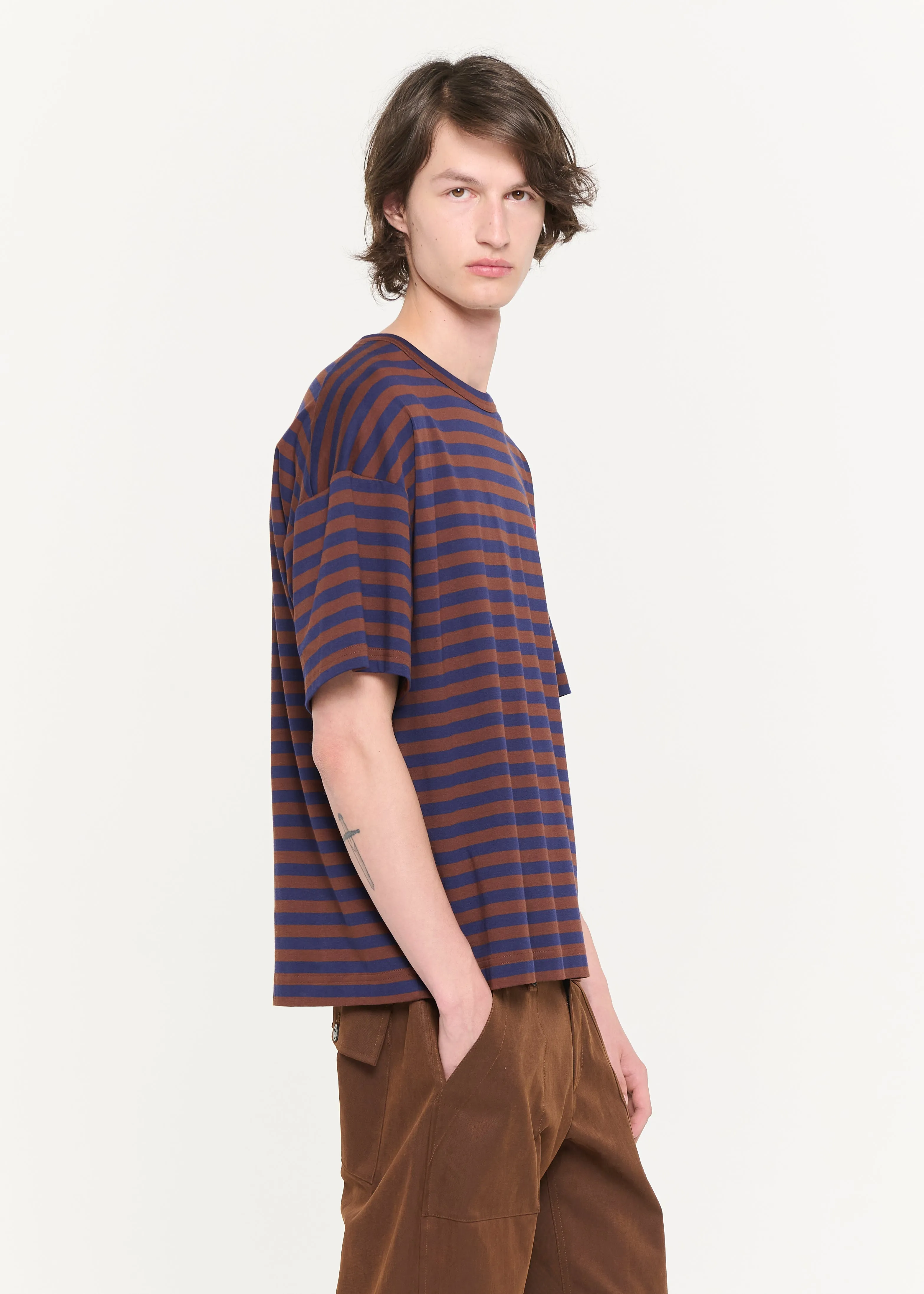 BROWN-BLUE SHORT SLEEVES STRIPED T-SHIRT sold by Plan C product image thumbnail 4