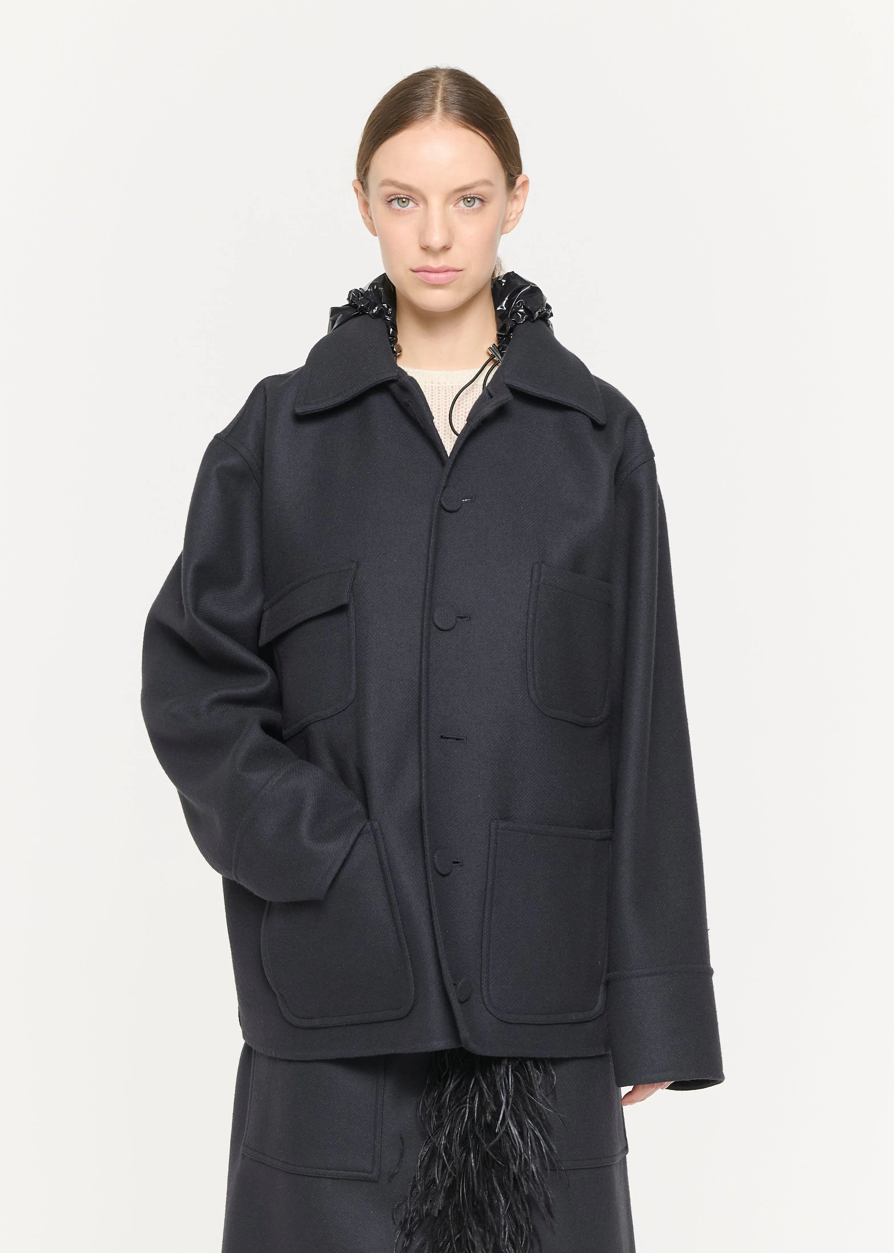 BLUE BLACK WOOL HOODED JACKET sold by Plan C product image thumbnail 4