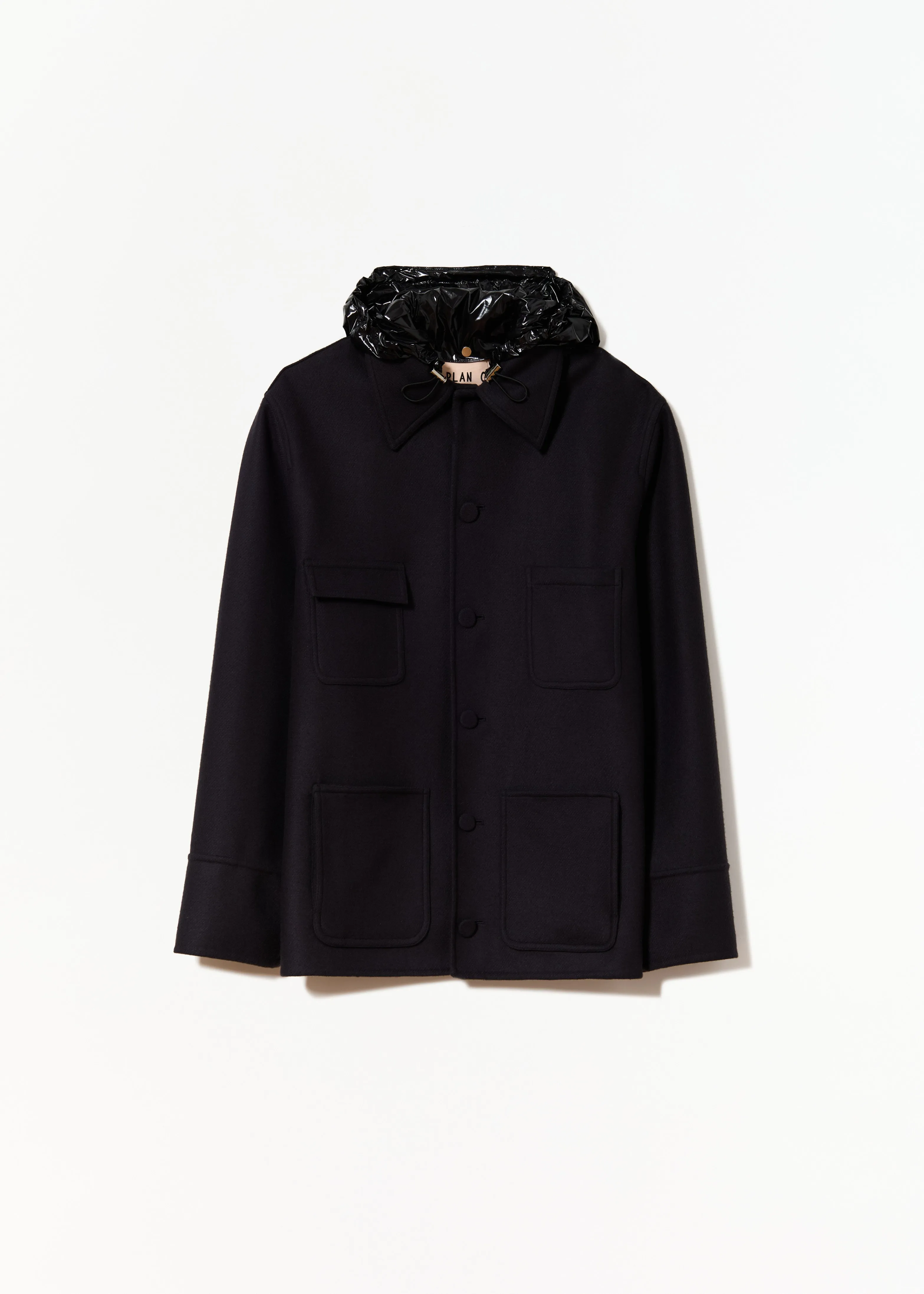 BLUE BLACK WOOL HOODED JACKET sold by Plan C