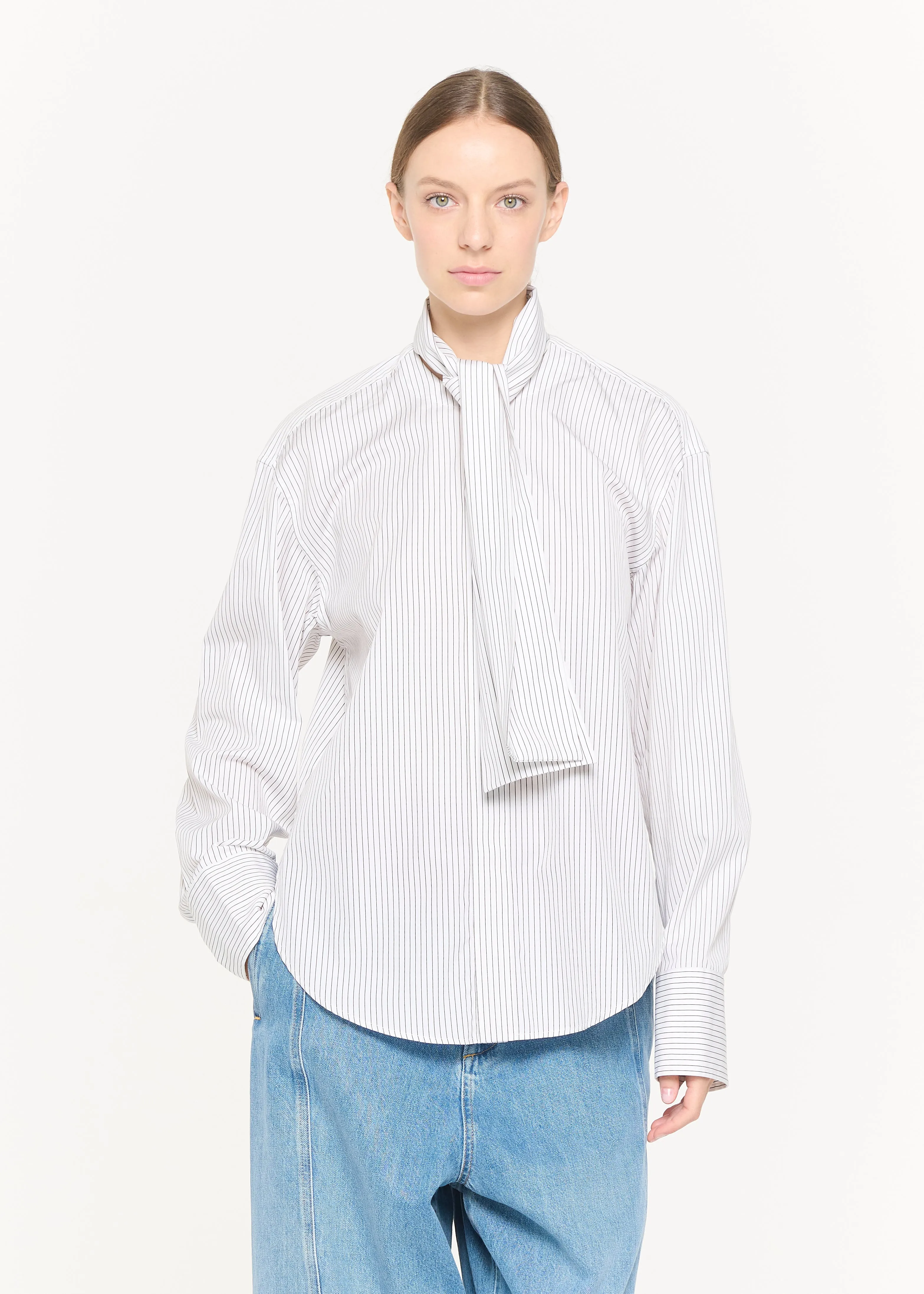 WHITE STRIPED COTTON SHIRT WITH SCARF sold by Plan C product image thumbnail 3