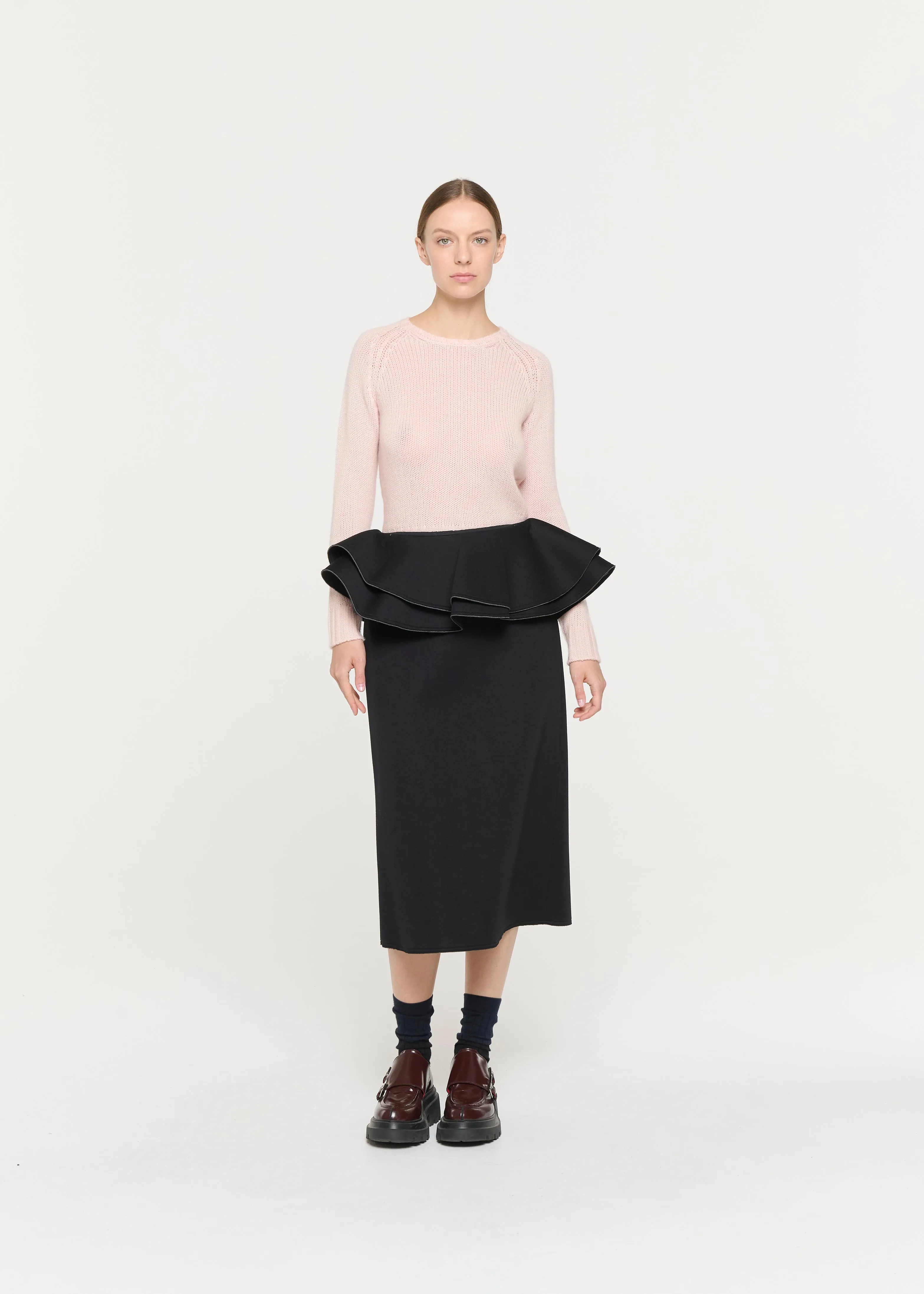 BLACK SCUBA MIDI SKIRT WITH RUFFLED WAIST sold by Plan C product image thumbnail 2