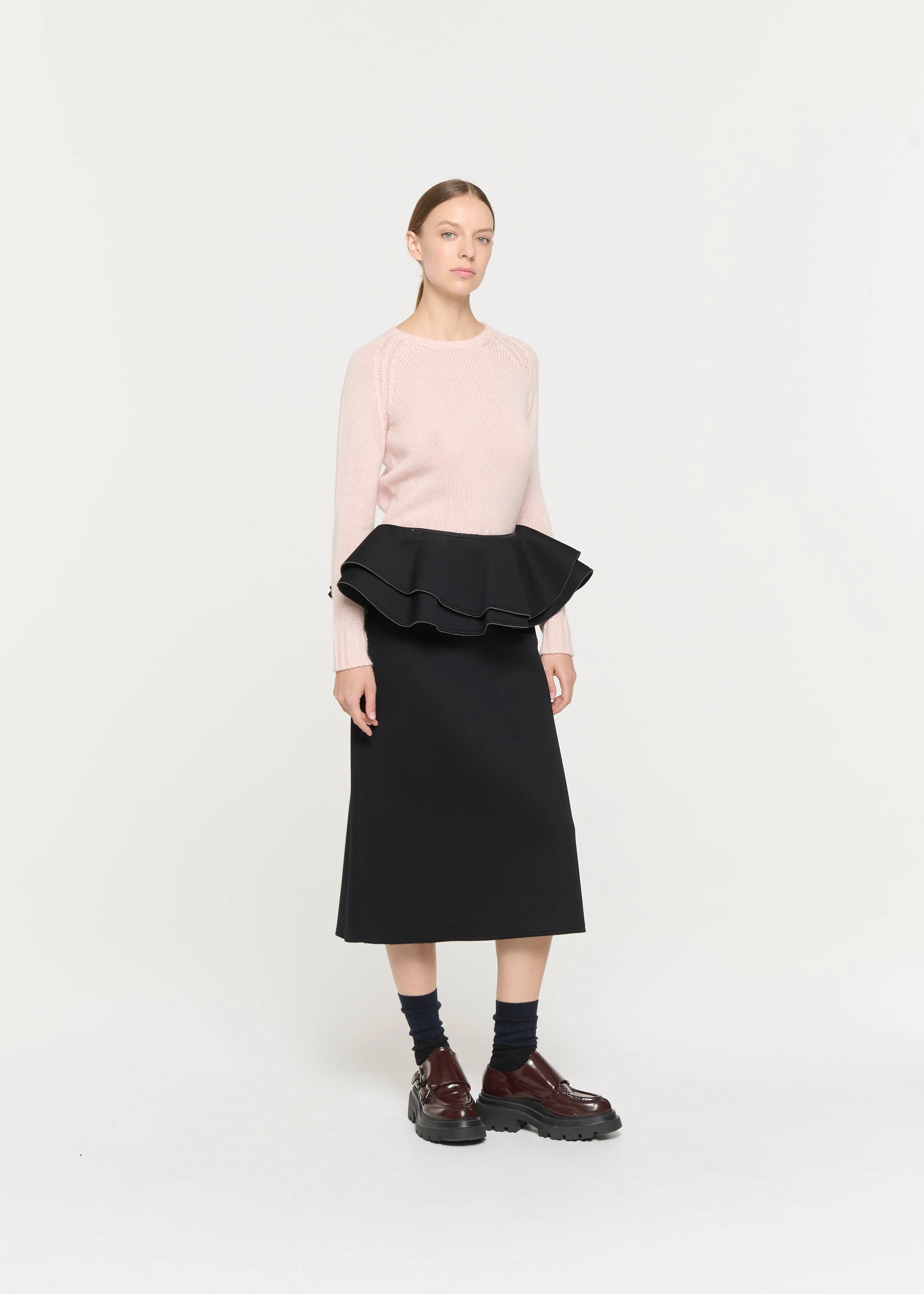 BLACK SCUBA MIDI SKIRT WITH RUFFLED WAIST sold by Plan C product image thumbnail 3