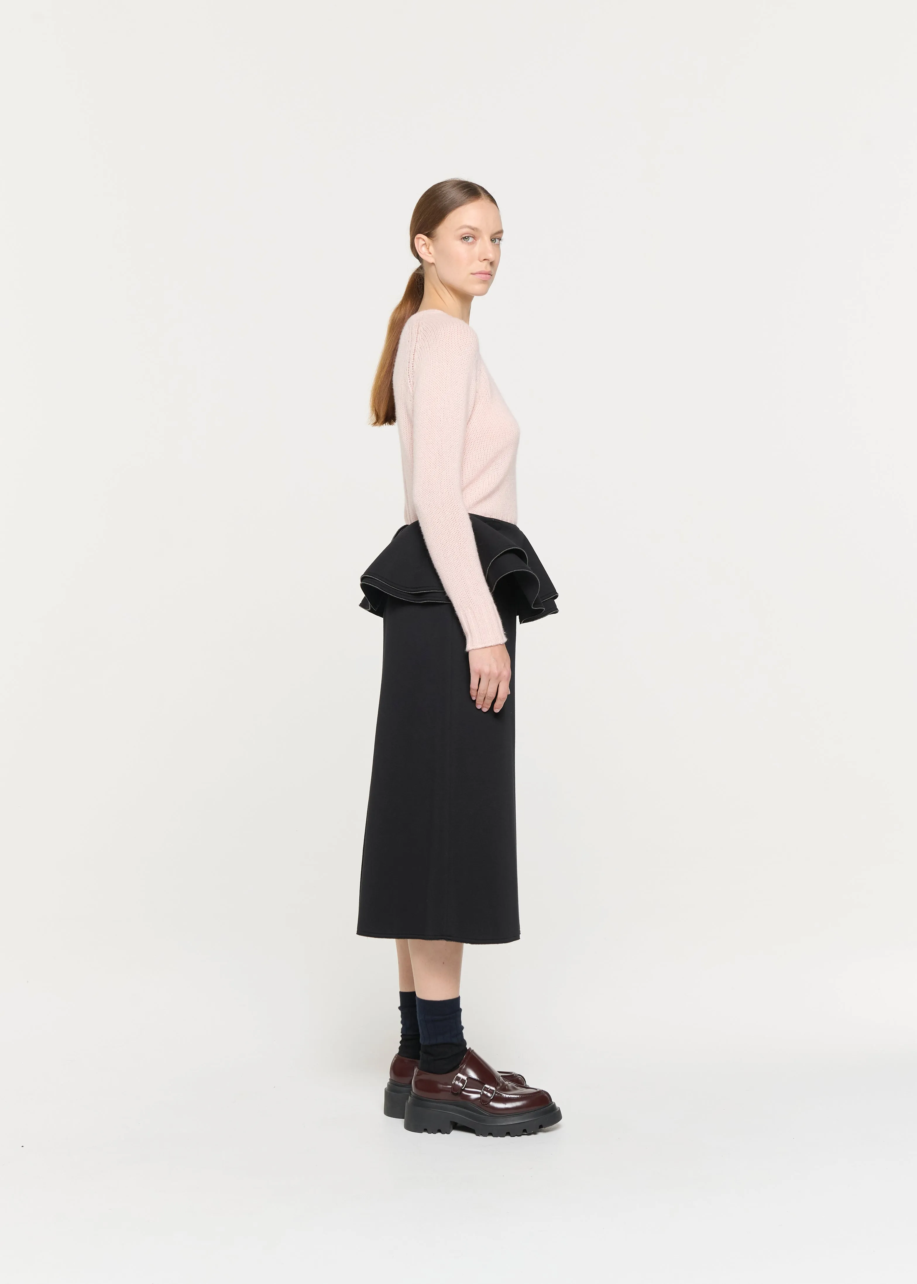 BLACK SCUBA MIDI SKIRT WITH RUFFLED WAIST sold by Plan C product image thumbnail 4