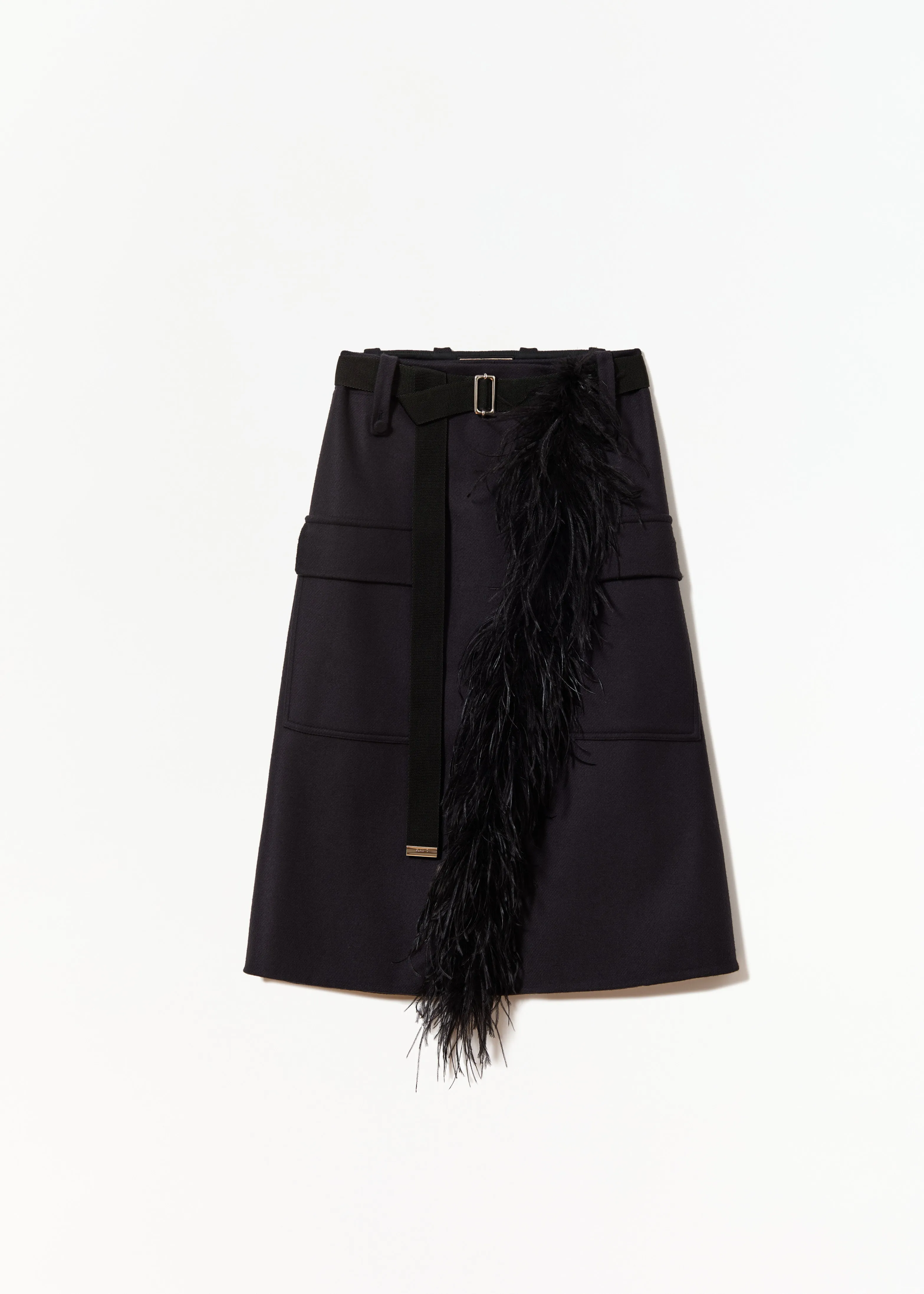 BLUE BLACK WOOL MIDI SKIRT WITH FEATHER INSERT sold by Plan C