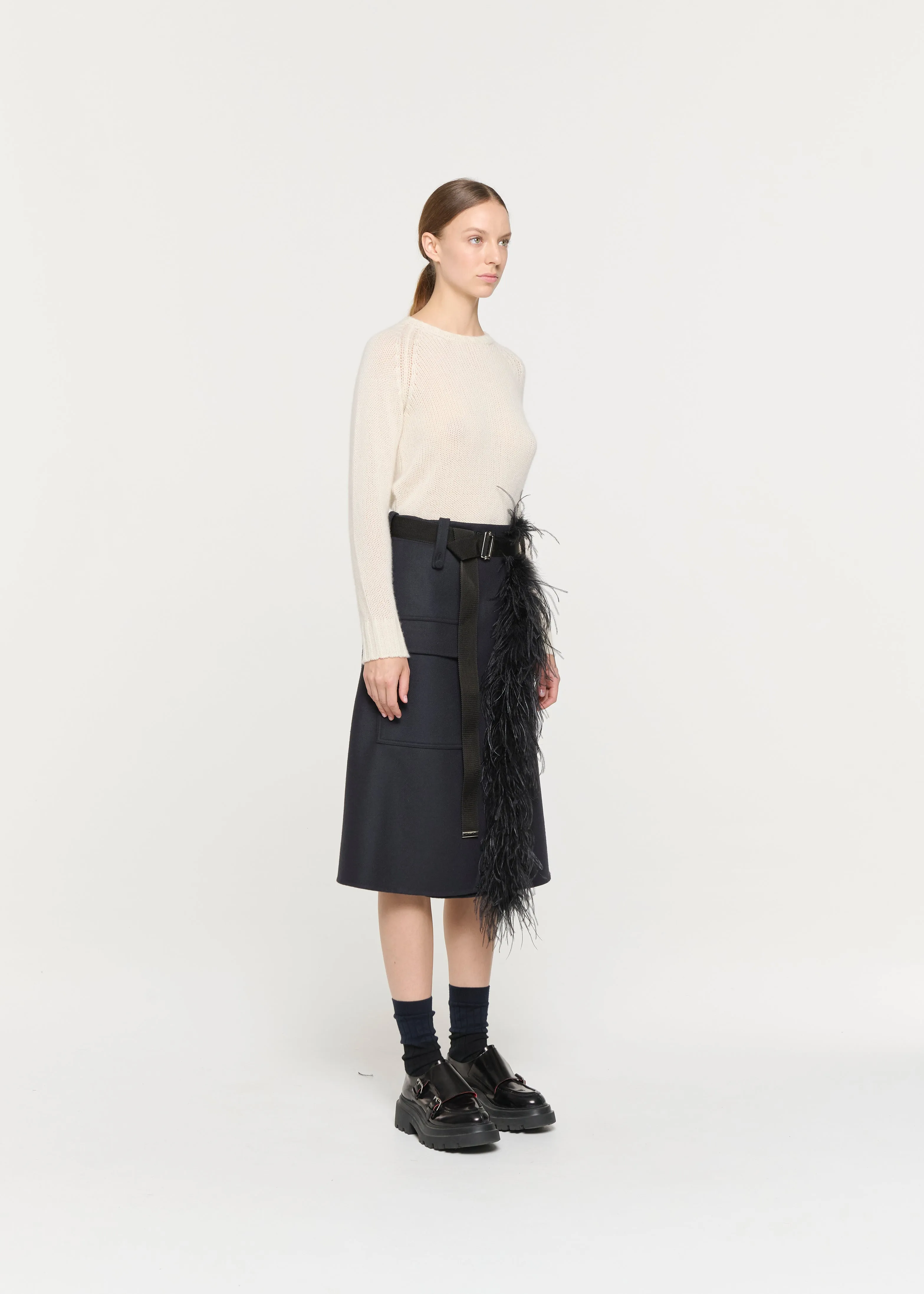 BLUE BLACK WOOL MIDI SKIRT WITH FEATHER INSERT sold by Plan C product image thumbnail 3