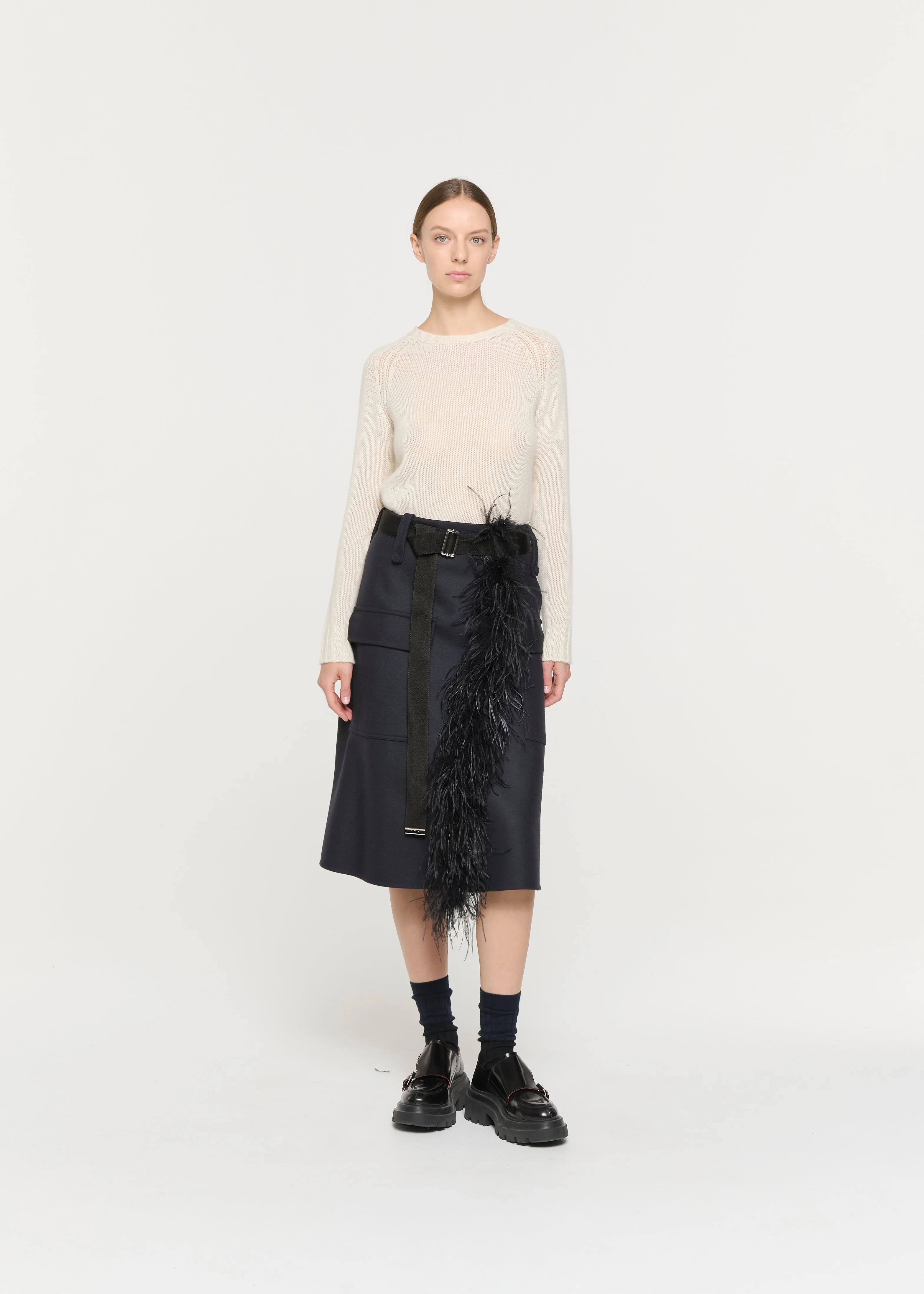 BLUE BLACK WOOL MIDI SKIRT WITH FEATHER INSERT sold by Plan C product image thumbnail 2