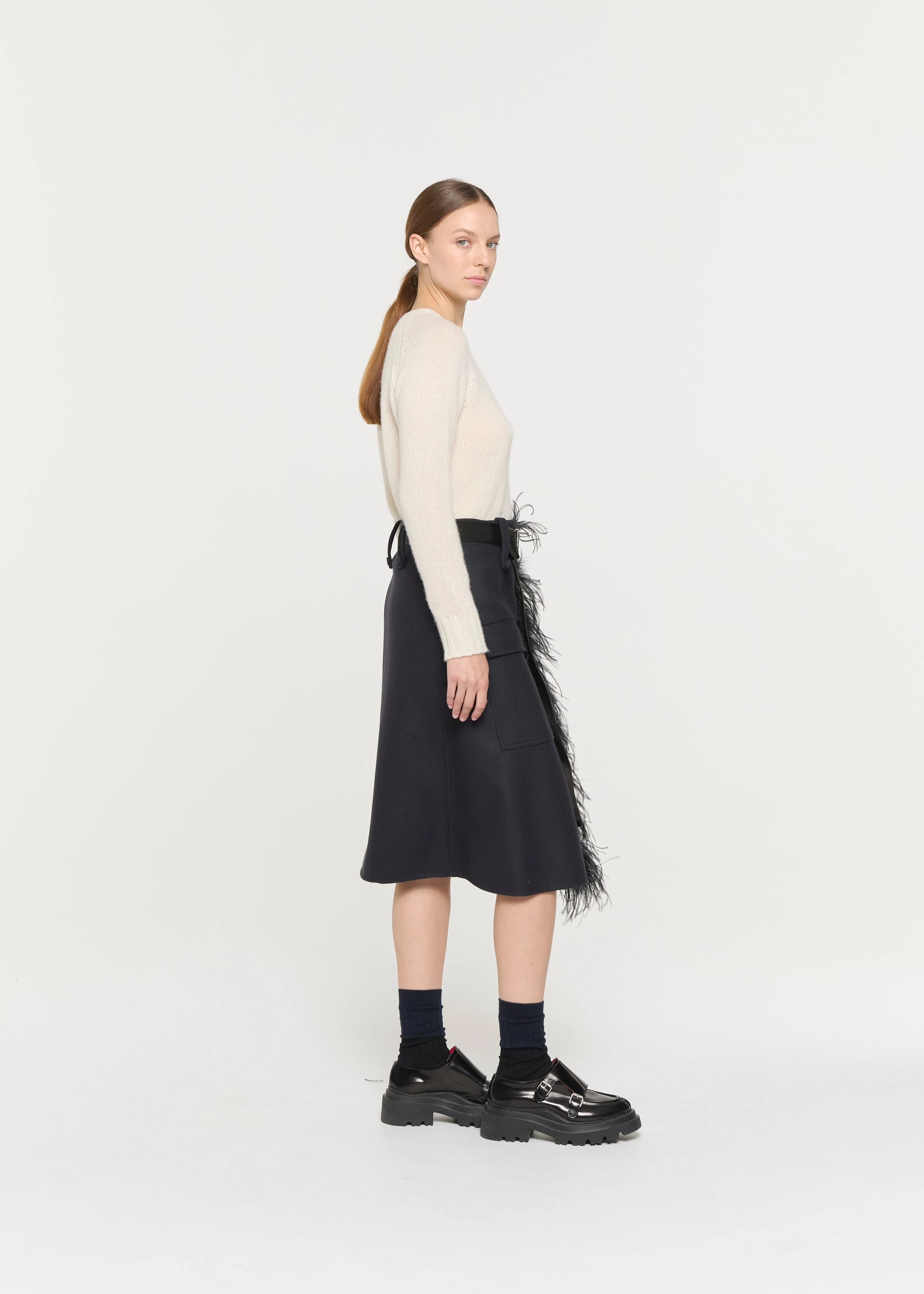 BLUE BLACK WOOL MIDI SKIRT WITH FEATHER INSERT sold by Plan C product image thumbnail 4