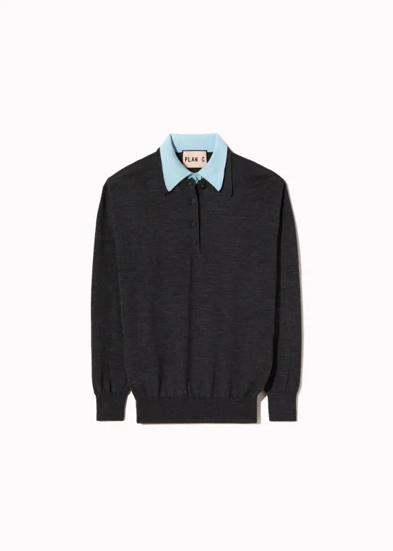 GRAY BLUE DOUBLE COLLAR POLO SWEATER made by Plan C
