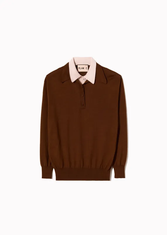 BROWN PINK DOUBLE COLLAR POLO SWEATER made by Plan C