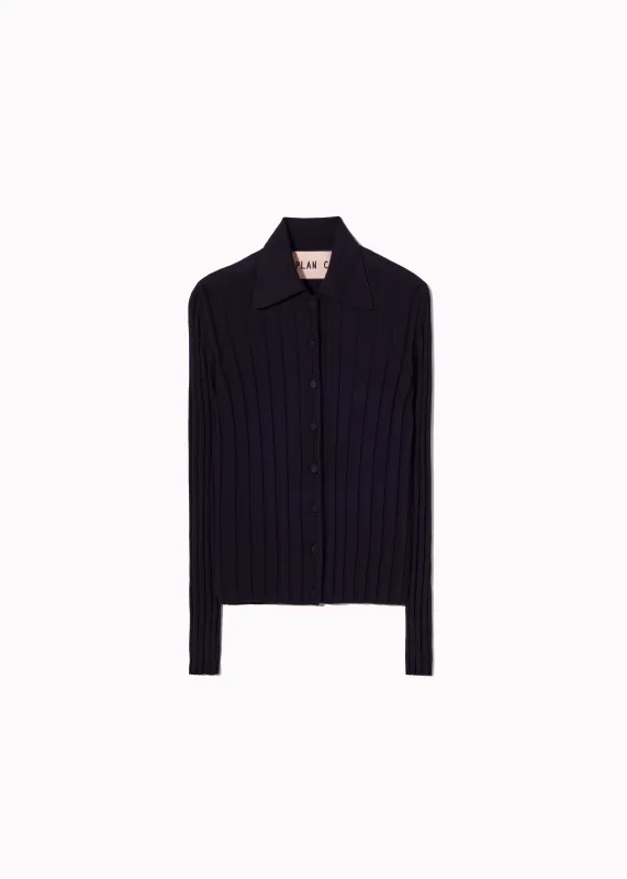 NAVY RIBBED MERINO WOOL CARDIGAN made by Plan C