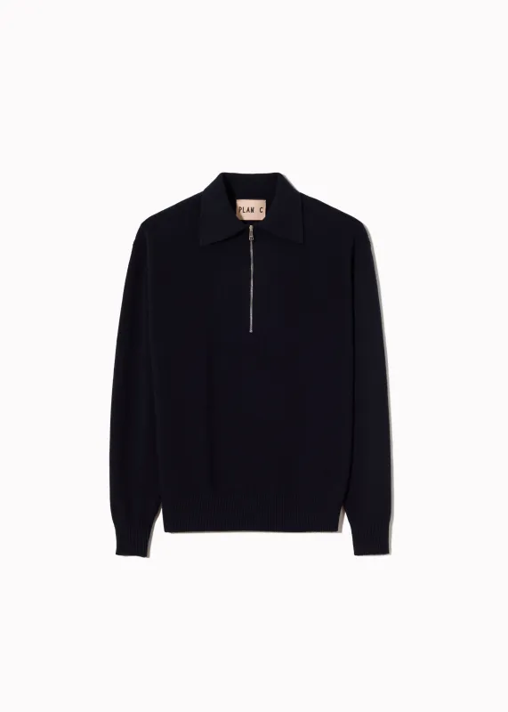 NAVY HALF ZIP WOOL CASHMERE POLO SHIRT made by Plan C