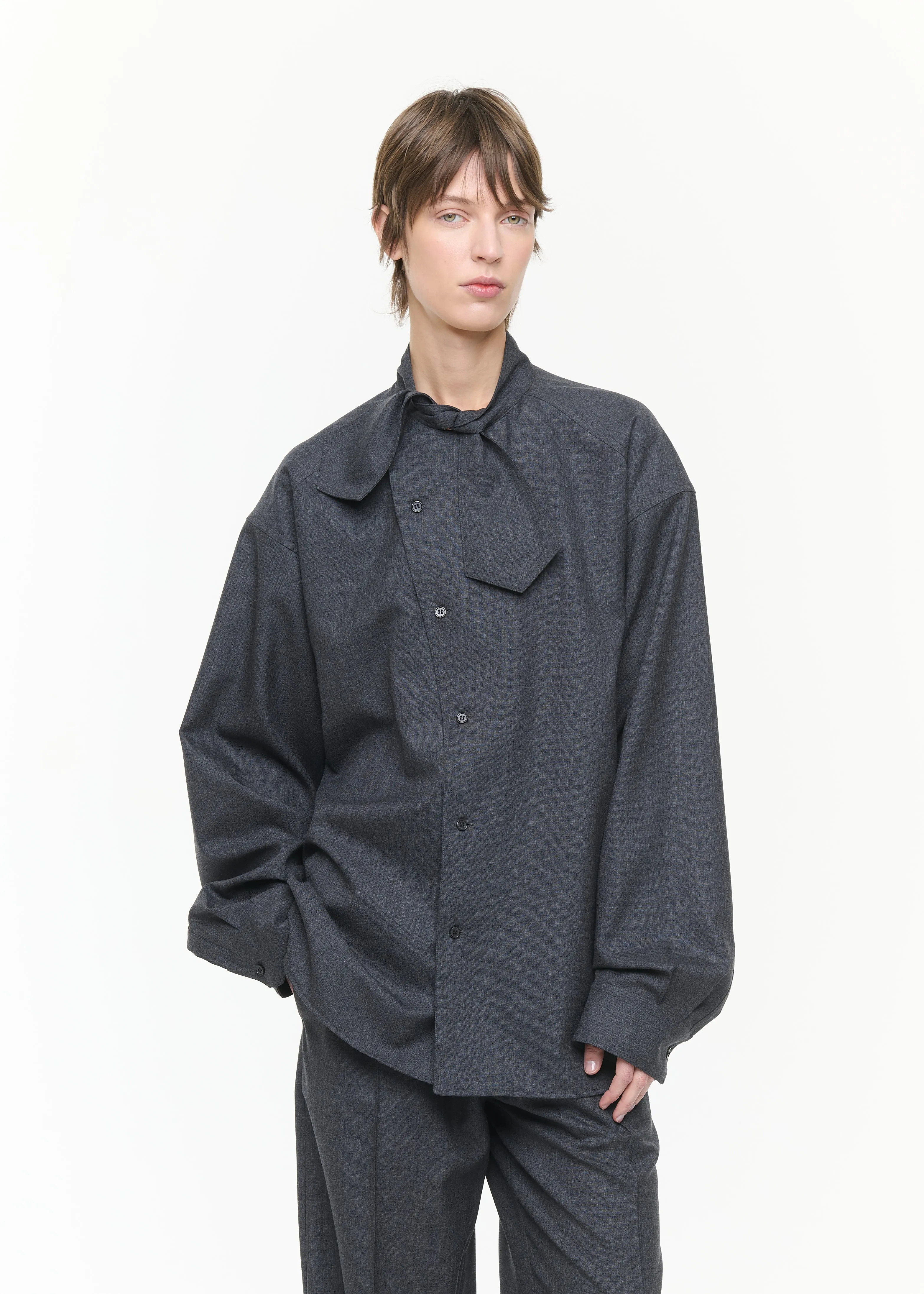 ASYMMETRIC SCARF COLLAR WOOL SHIRT sold by Plan C product image thumbnail 4