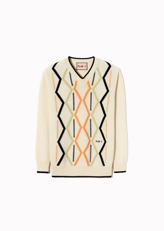 CREME ARGYLE V-NECK SWEATER made by Plan C