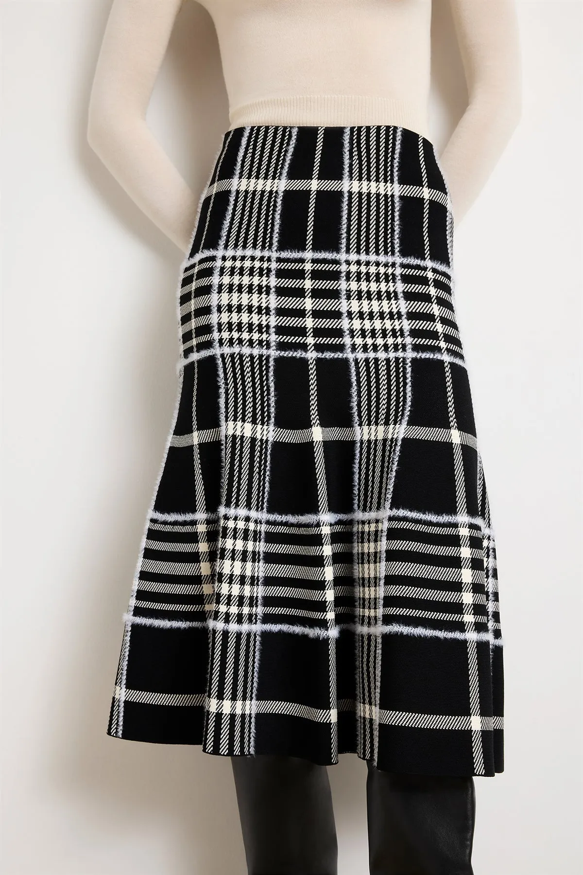 The Rory Flare Knit Skirt with Jacquard Plaid in Black Plaid sold by Brandon Maxwell product image thumbnail 3