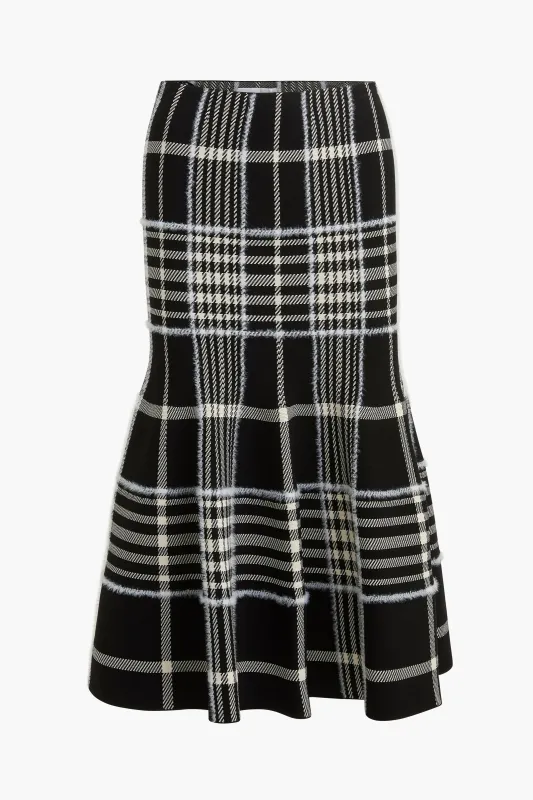 The Rory Flare Knit Skirt with Jacquard Plaid in Black Plaid made by Brandon Maxwell