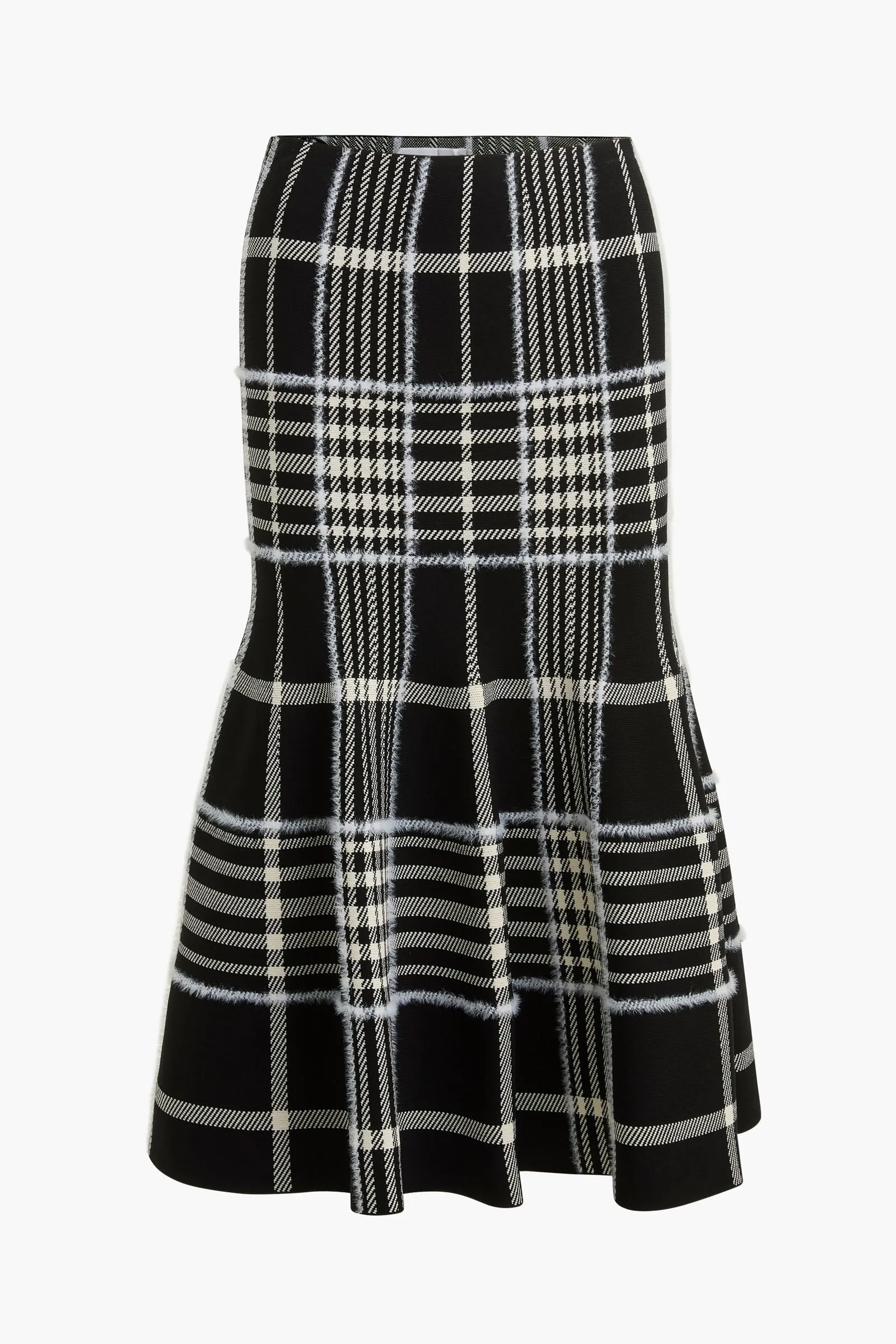 The Rory Flare Knit Skirt with Jacquard Plaid in Black Plaid sold by Brandon Maxwell