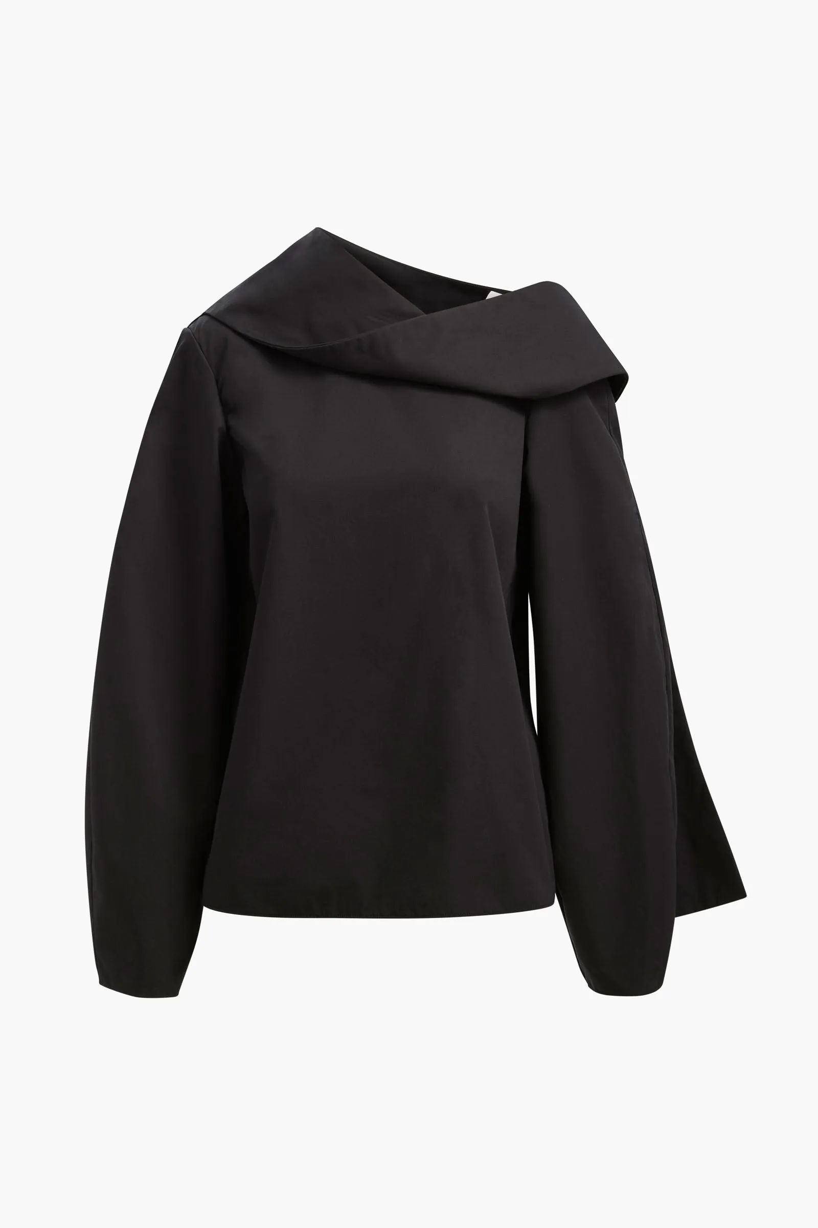 The Quinn One Sleeve Poplin Scarf Neck Top in Black sold by Brandon Maxwell