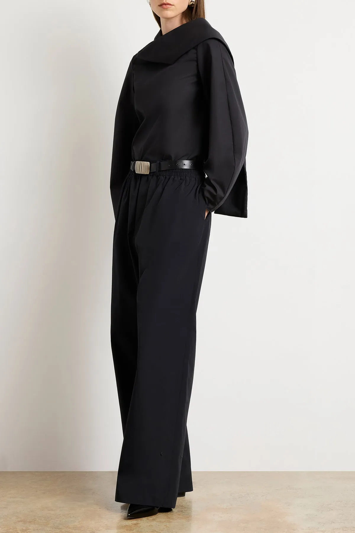 The Quinn One Sleeve Poplin Scarf Neck Top in Black sold by Brandon Maxwell product image thumbnail 2
