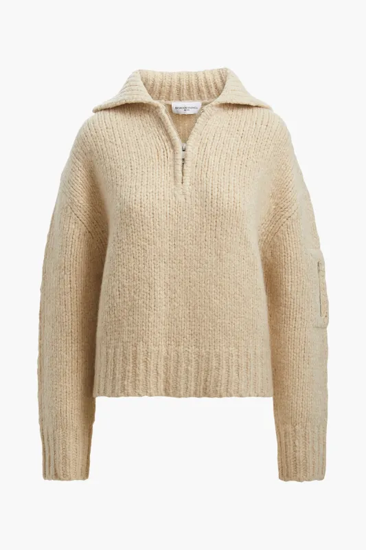 The Posie Half Zip Sweater with Sleeve Pocket in Latte sold by Brandon Maxwell