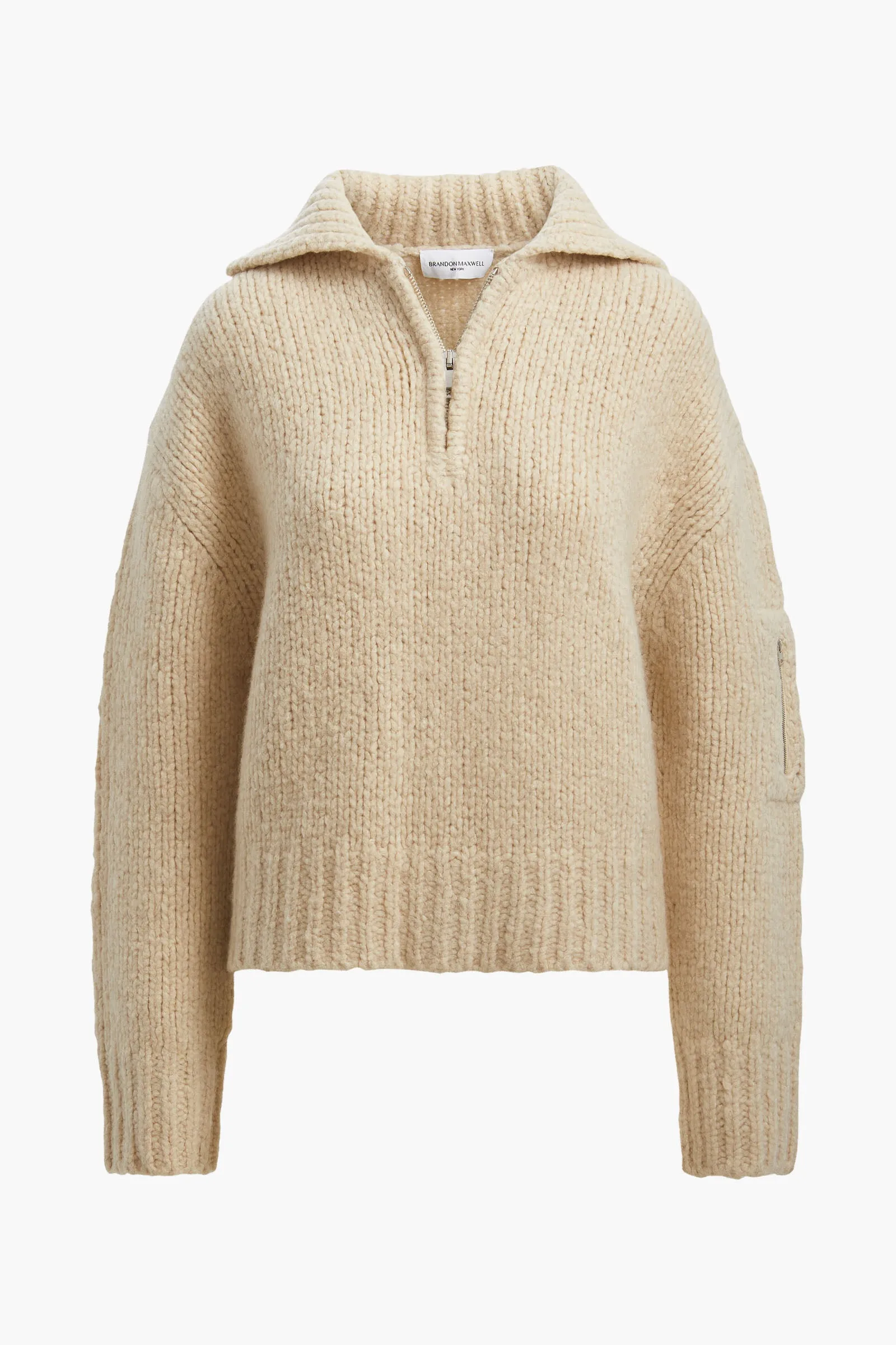 The Posie Half Zip Sweater with Sleeve Pocket in Latte sold by Brandon Maxwell