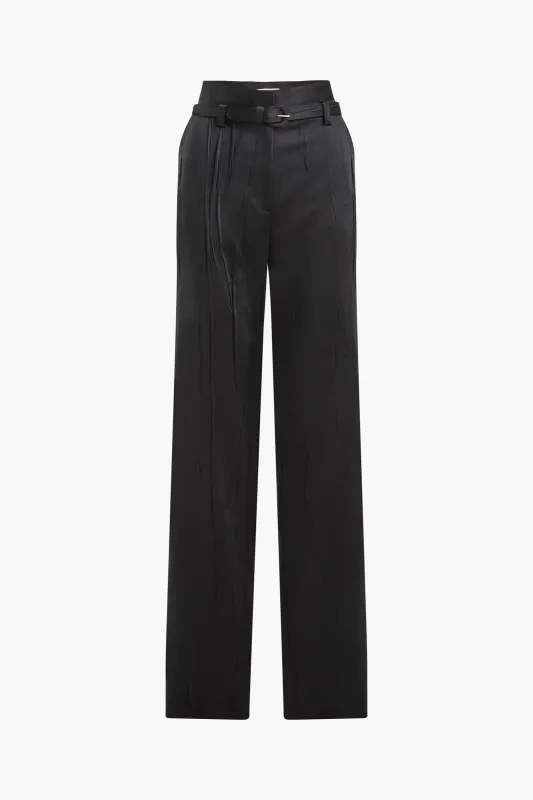 The Kaia Crushed Satin Straight Leg Trouser in Black made by Brandon Maxwell