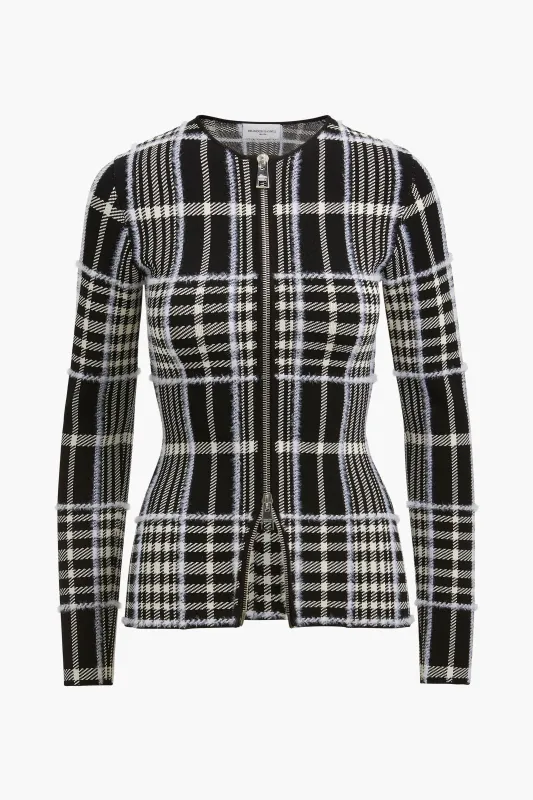 The Greer Zip Front Plaid Jacquard Knit Cardigan in Black Plaid made by Brandon Maxwell
