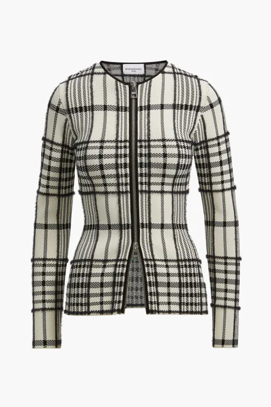 The Greer Zip Front Plaid Jacquard Knit Cardigan in Ivory Plaid made by Brandon Maxwell