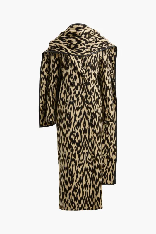 The Demi Double Breasted Coat with Scarf in Abstract Leopard made by Brandon Maxwell