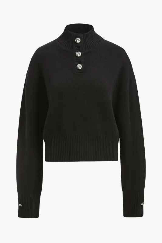 The Rowe Cropped Henley in Black Cashmere sold by Brandon Maxwell