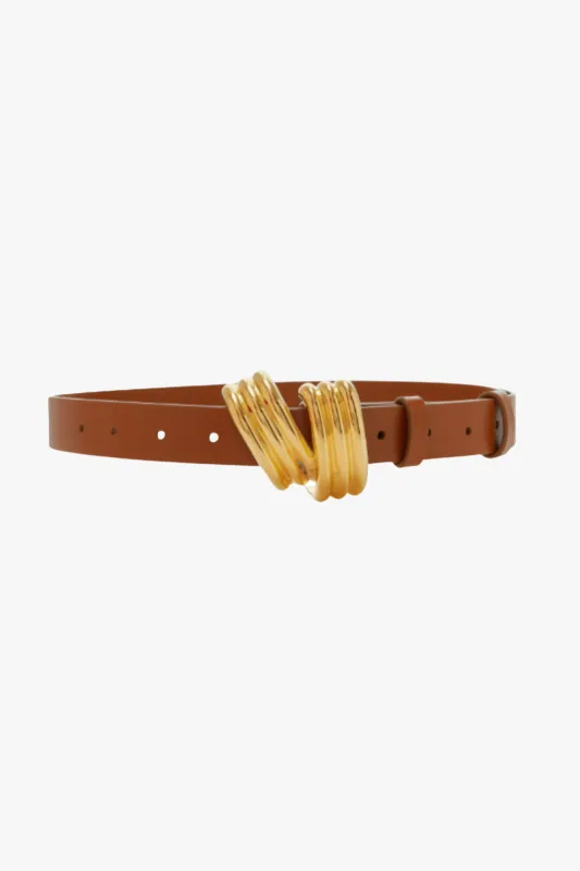 The Edythe Swirl Belt in Cognac and Gold made by Brandon Maxwell
