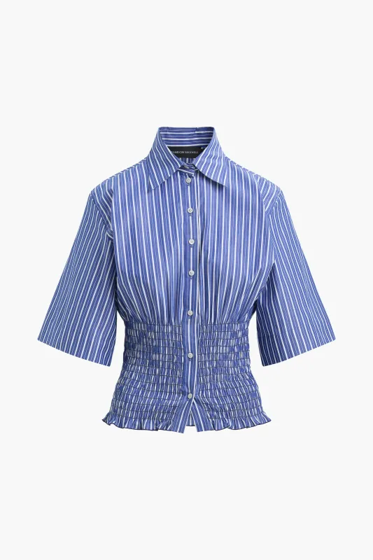 The Harte Smocked Button Up Top in Navy Striped Cotton made by Brandon Maxwell