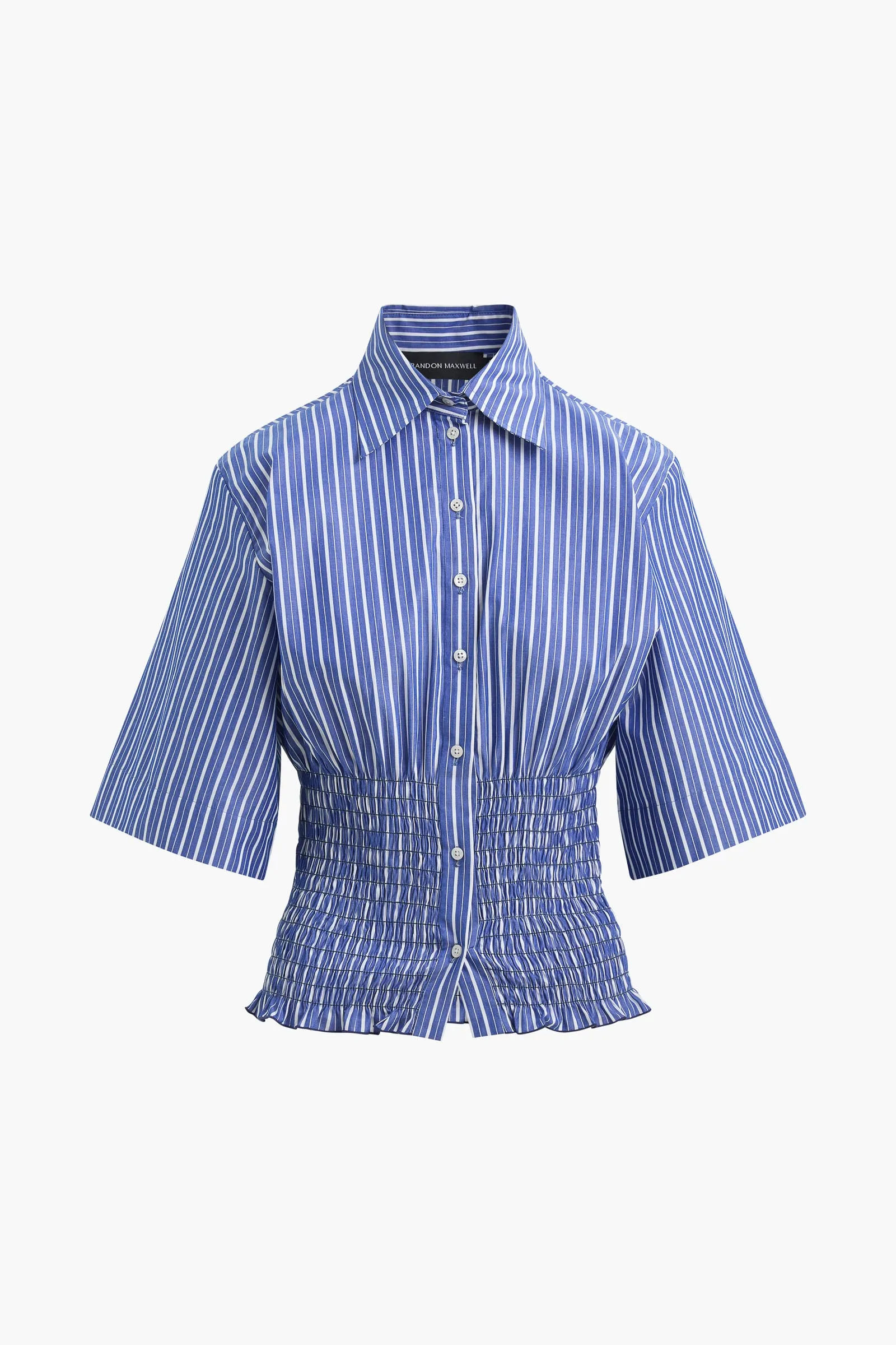 The Harte Smocked Button Up Top in Navy Striped Cotton sold by Brandon Maxwell