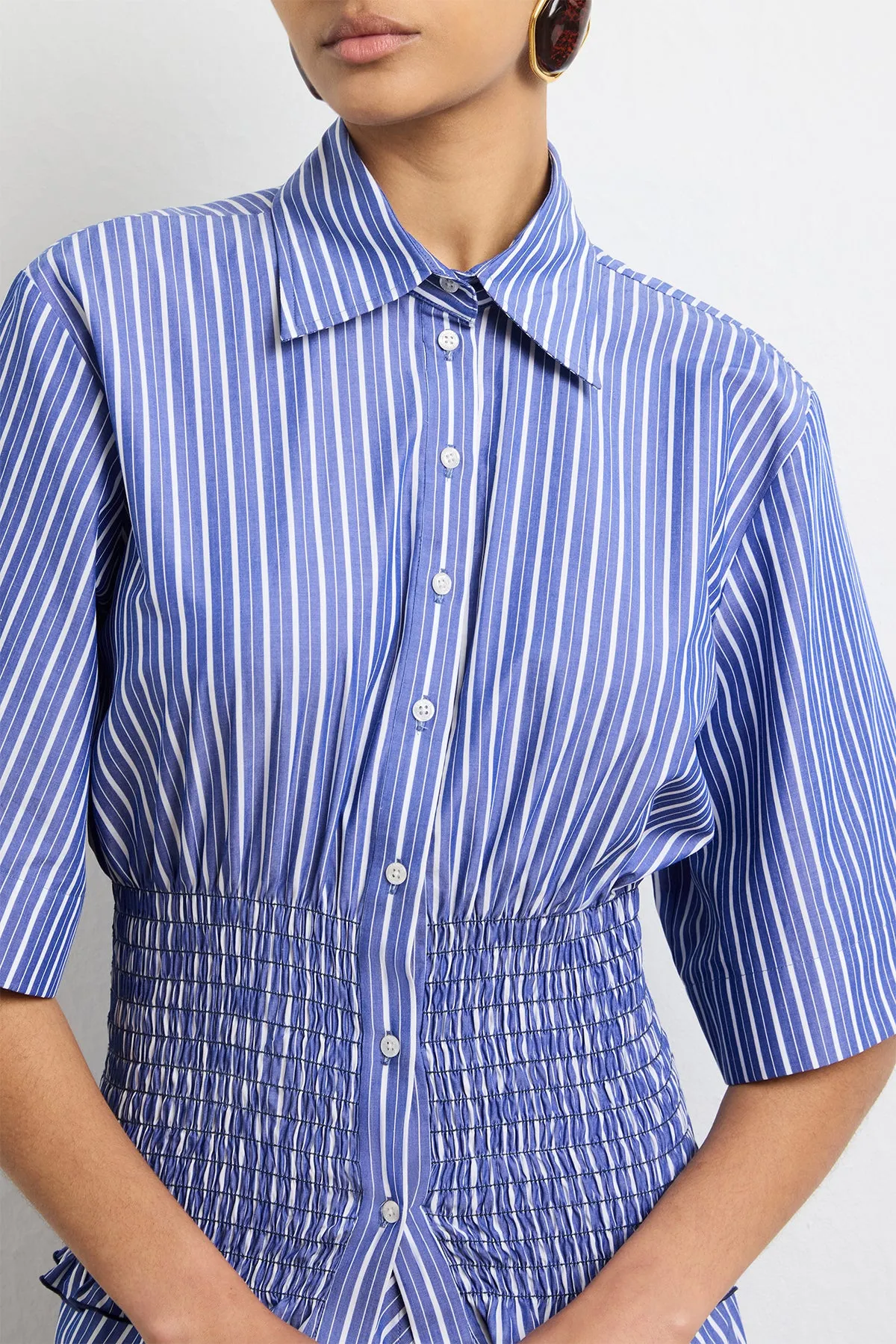 The Harte Smocked Button Up Top in Navy Striped Cotton sold by Brandon Maxwell product image thumbnail 2
